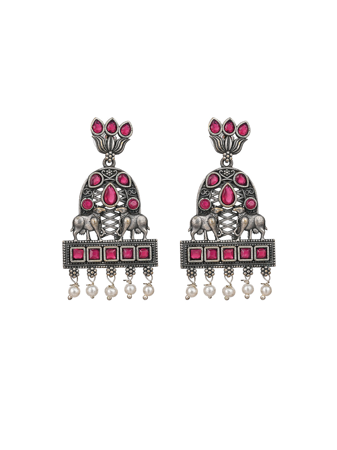 MAURYANA - Oxidised silver pair of cow pendant necklace set with earrings - one size