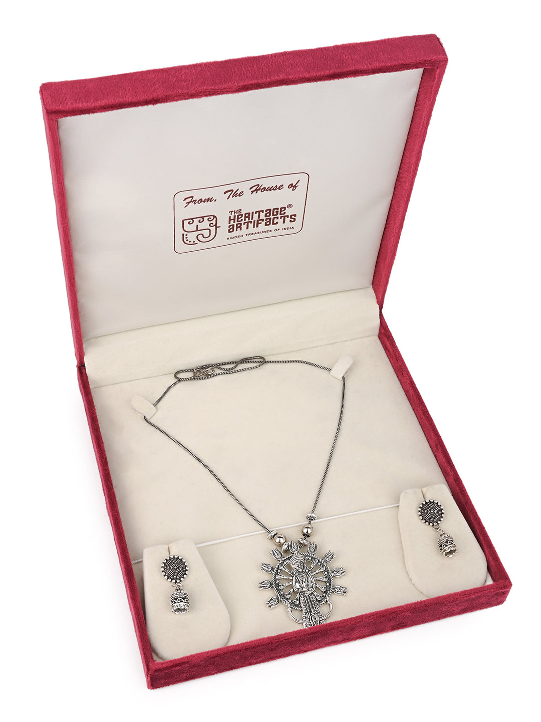MAURYANA - Oxidised silver durga mata pendant necklace set with earrings - one size