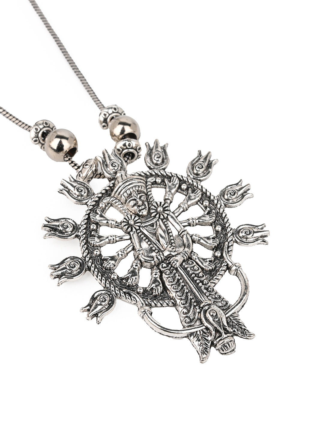 MAURYANA - Oxidised silver durga mata pendant necklace set with earrings - one size