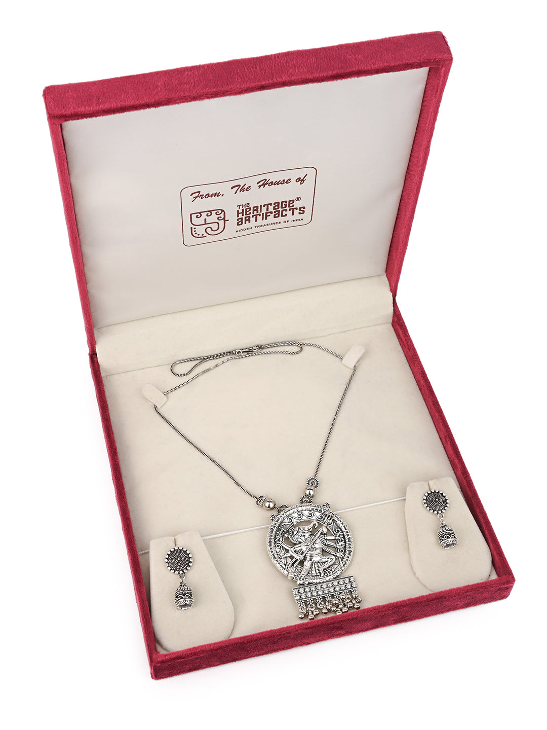 MAURYANA - Oxidised silver ashtabhuja ganesh pendant necklace set with earrings - one size