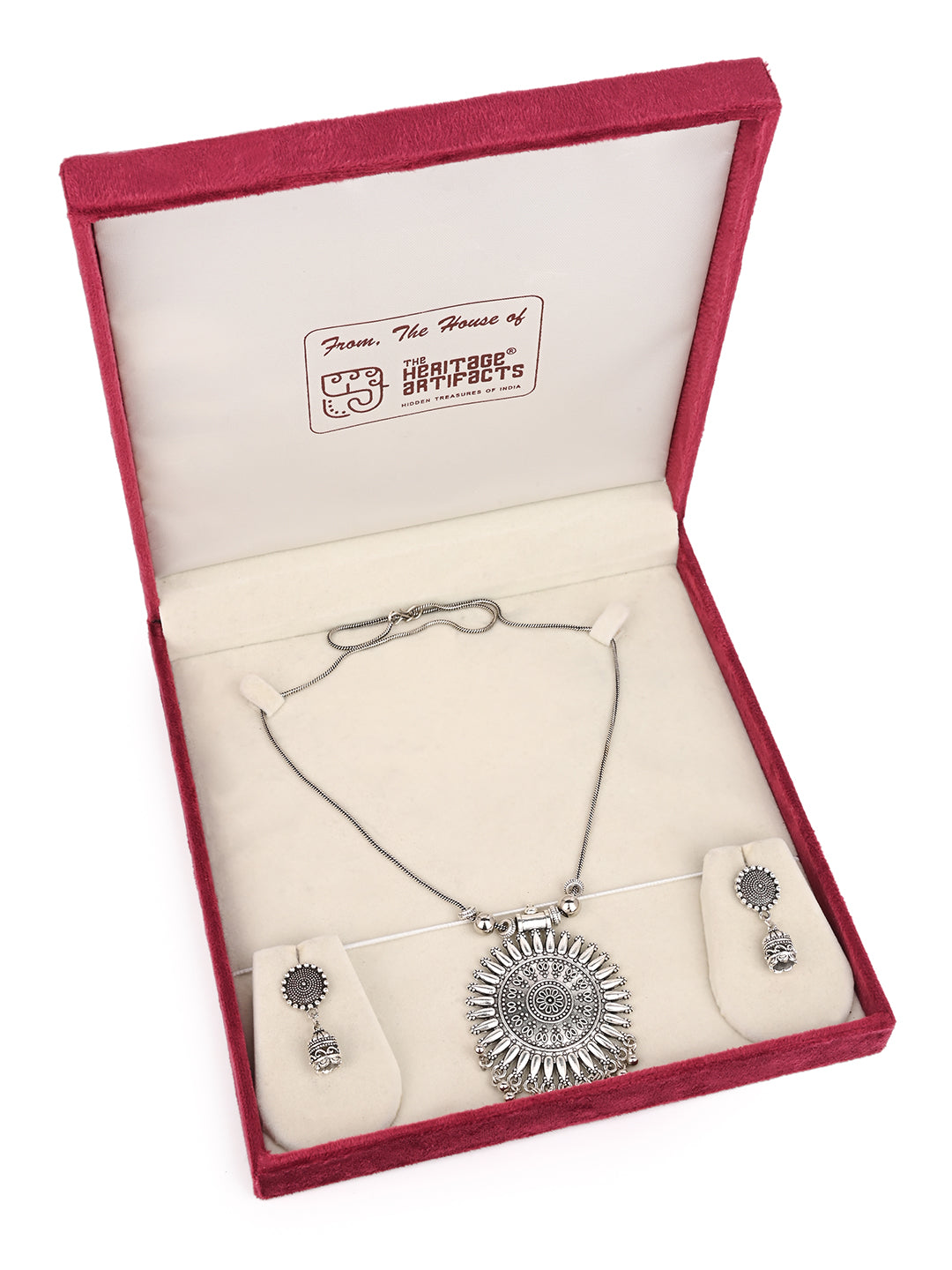 MAURYANA - Oxidised silver pendant necklace set with earrings - one size