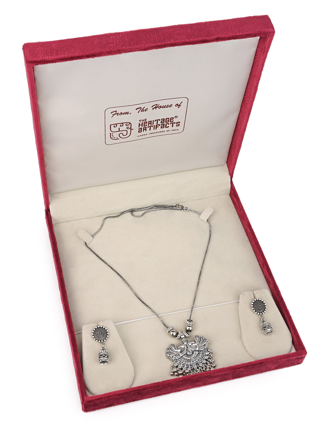 MAURYANA - Oxidised silver pair of peacock pendant necklace set with earrings - one size