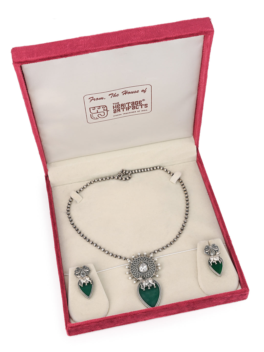 MAURYANA - Oxidised silver with green stone necklace set with earrings - one size