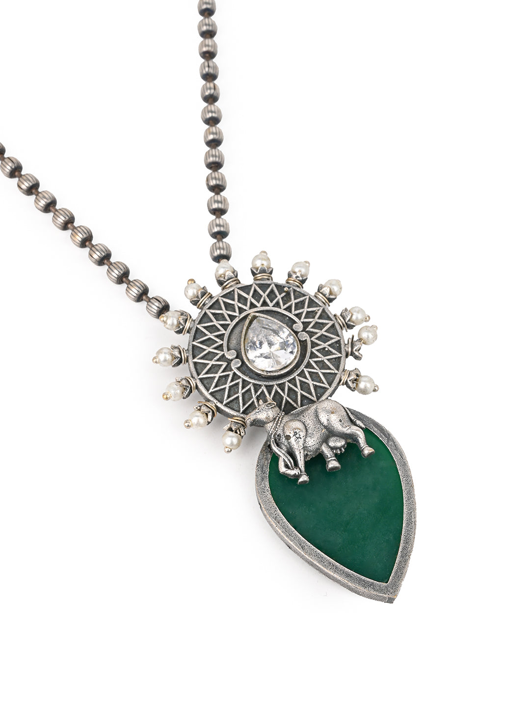 MAURYANA - Oxidised silver with green stone necklace set with earrings - one size