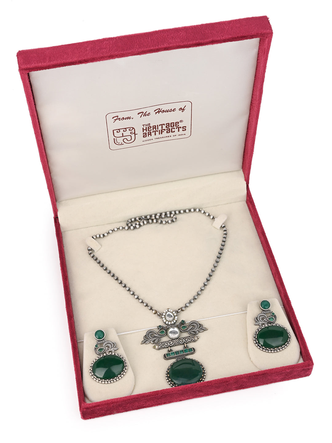 MAURYANA - Oxidised silver with green stone embellished necklace set with earrings - one size