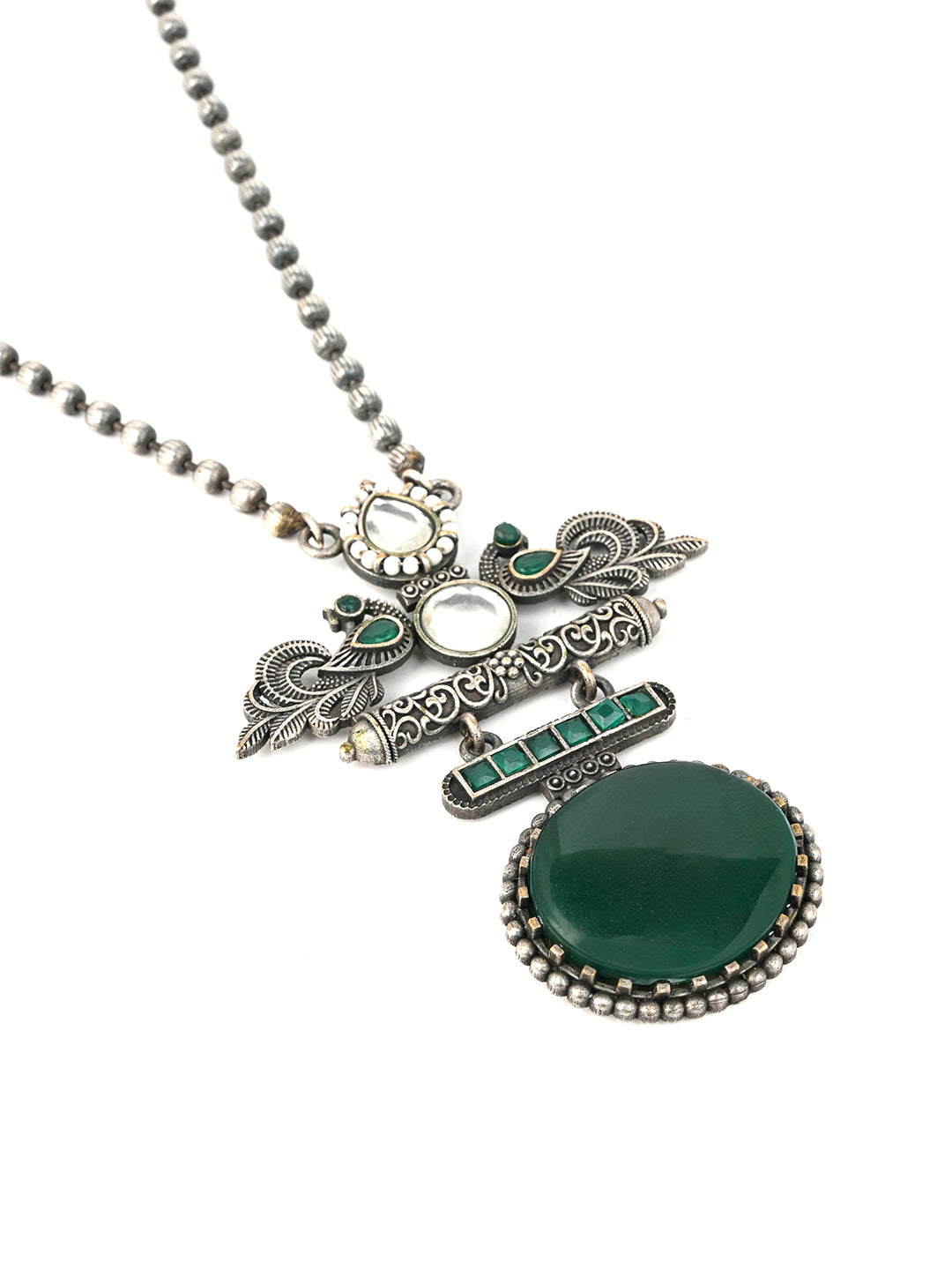 MAURYANA - Oxidised silver with green stone embellished necklace set with earrings - one size