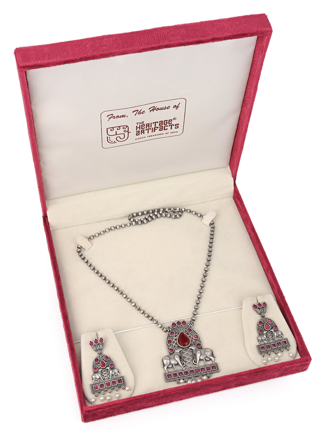 MAURYANA - Oxidised silver pair of cow pendant necklace set with earrings - one size