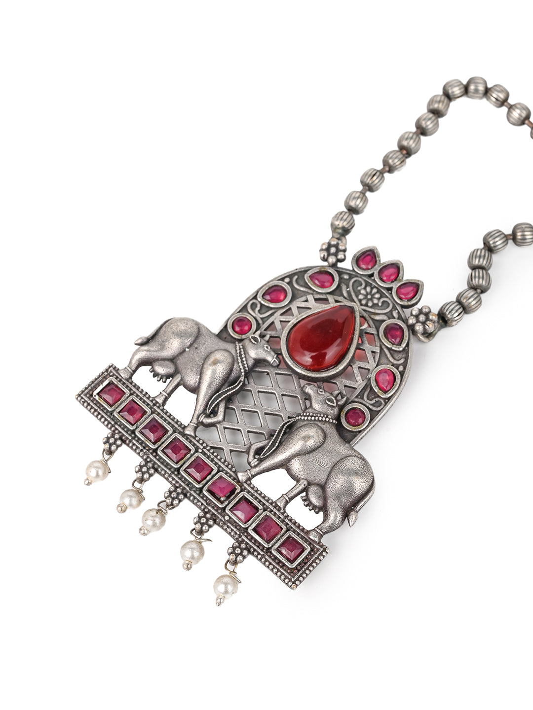 MAURYANA - Oxidised silver pair of cow pendant necklace set with earrings - one size