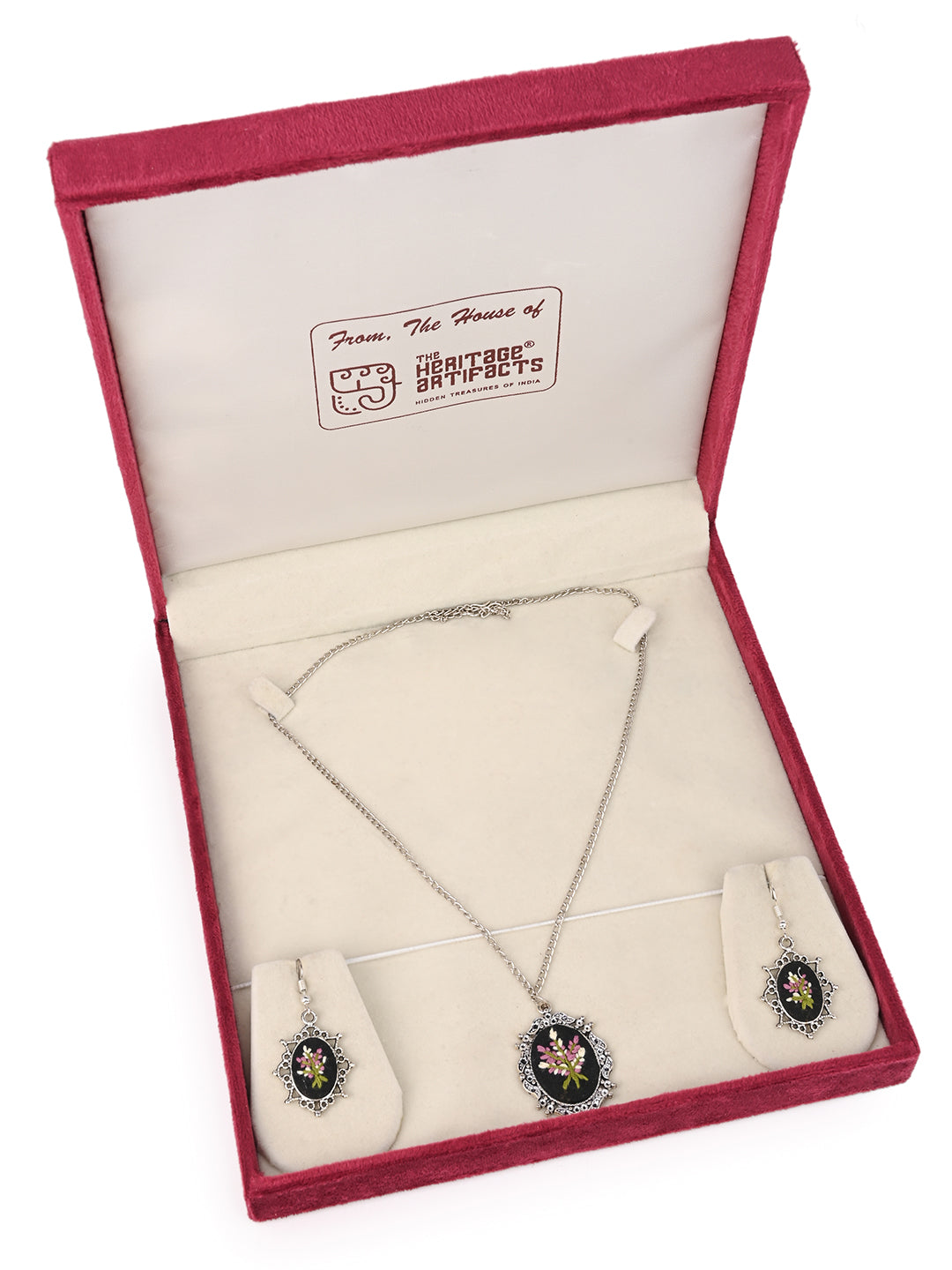 MAURYANA - Pink flower bunch embroidered pendant necklace set with earrings