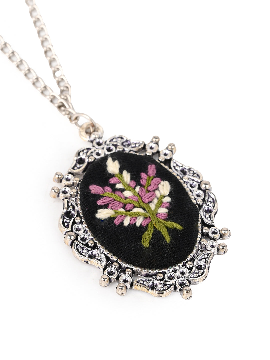 MAURYANA - Pink flower bunch embroidered pendant necklace set with earrings