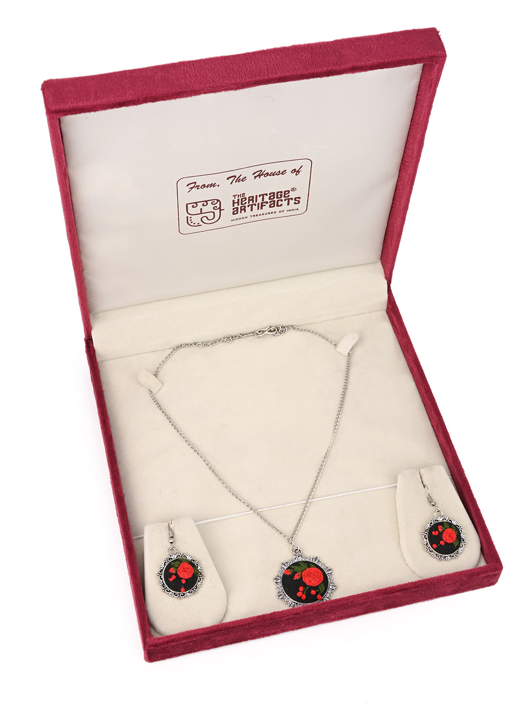 MAURYANA - Red rose on black base embroidered pendant necklace set with earrings
