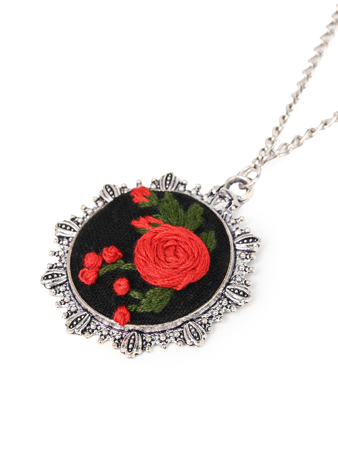 MAURYANA - Red rose on black base embroidered pendant necklace set with earrings