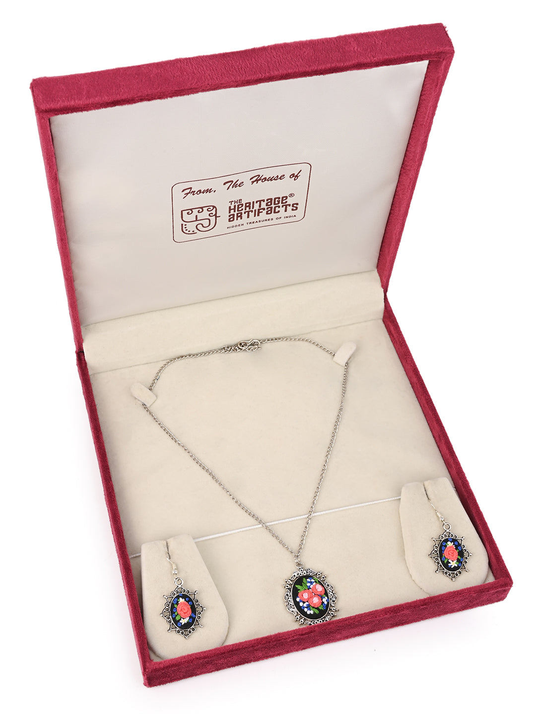 MAURYANA - Floral embroidered pendant necklace with earring set