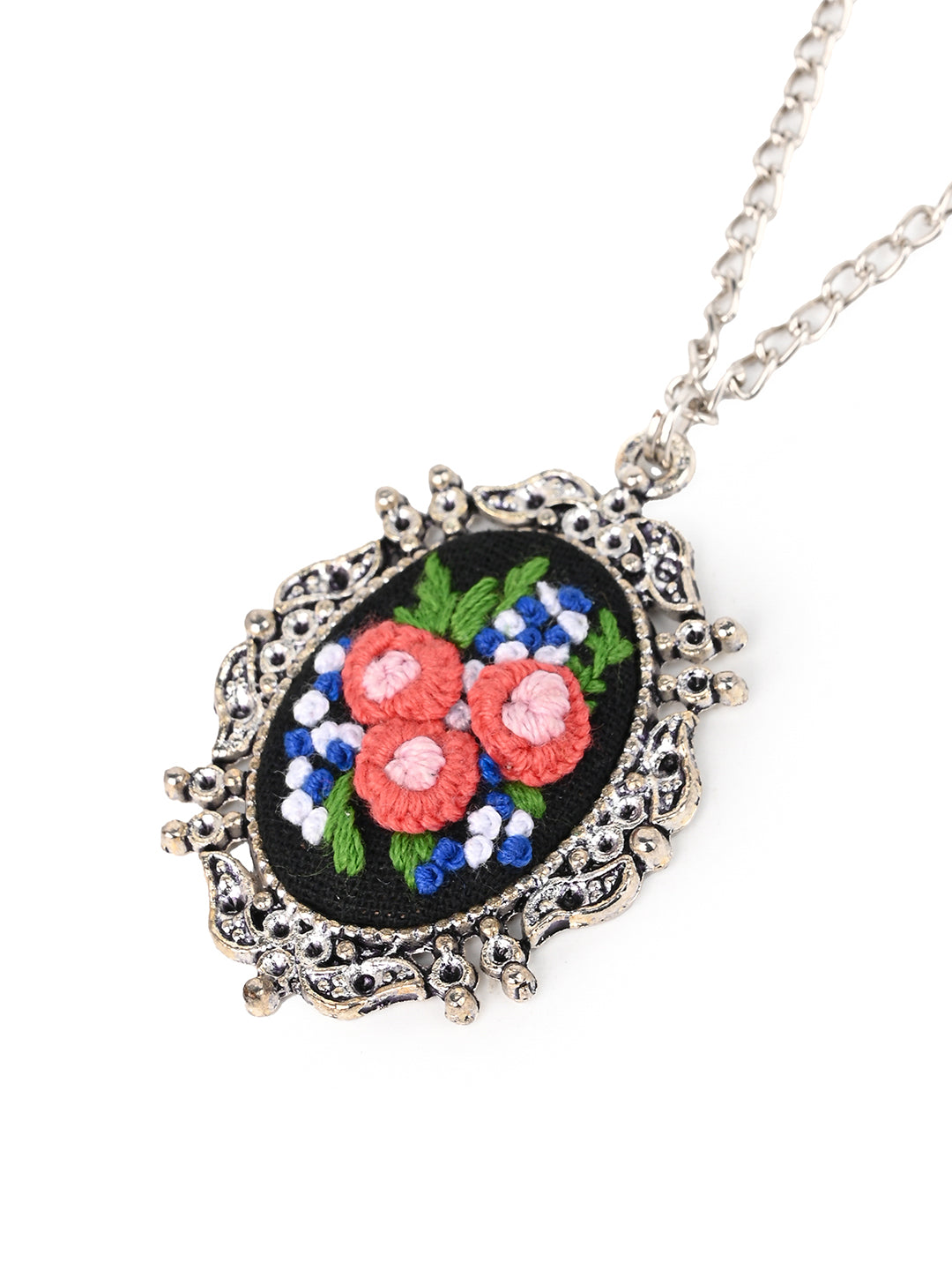 MAURYANA - Floral embroidered pendant necklace with earring set