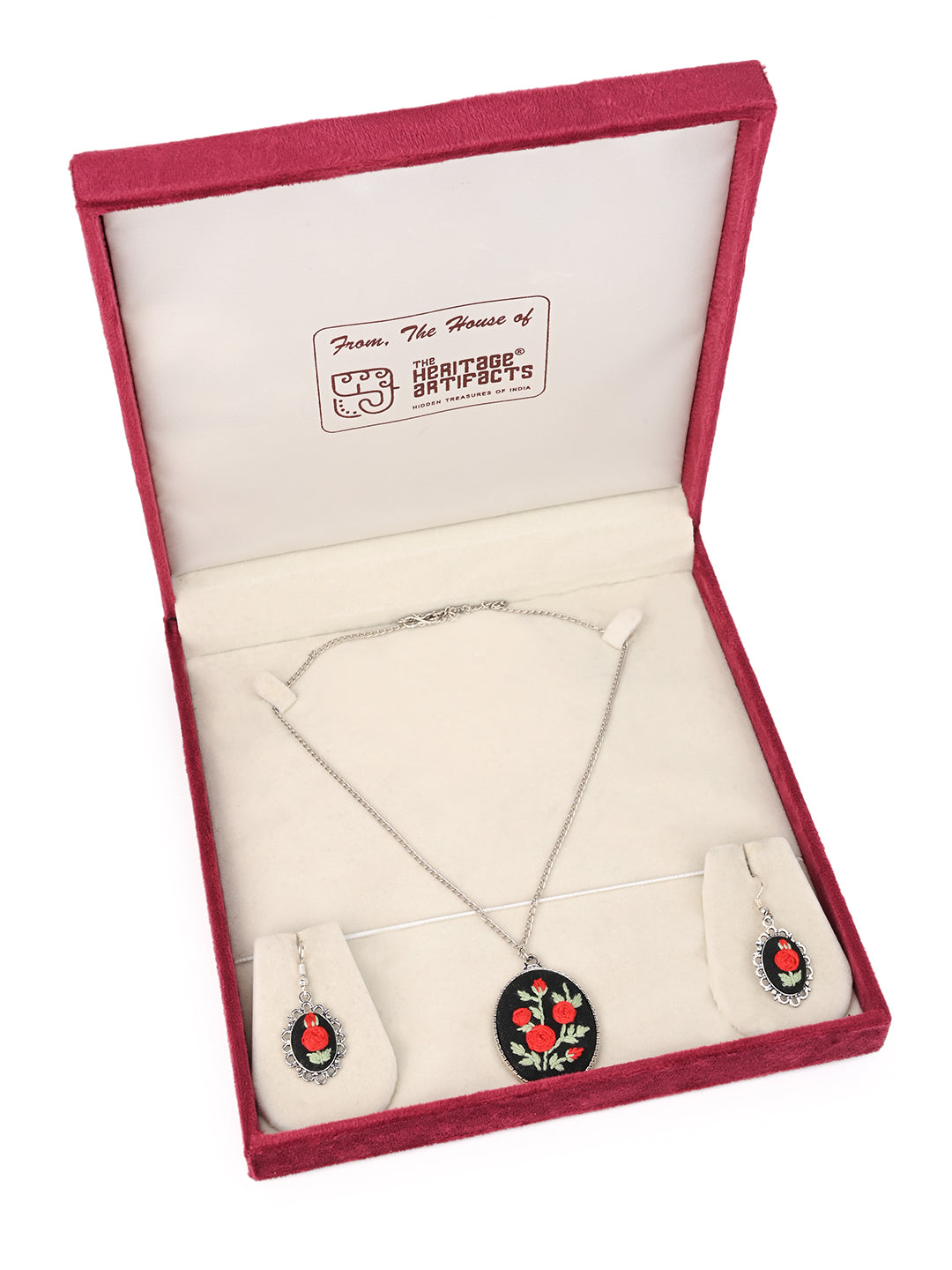 MAURYANA - Red rose and leaves embroidered pendant necklace set with earrings