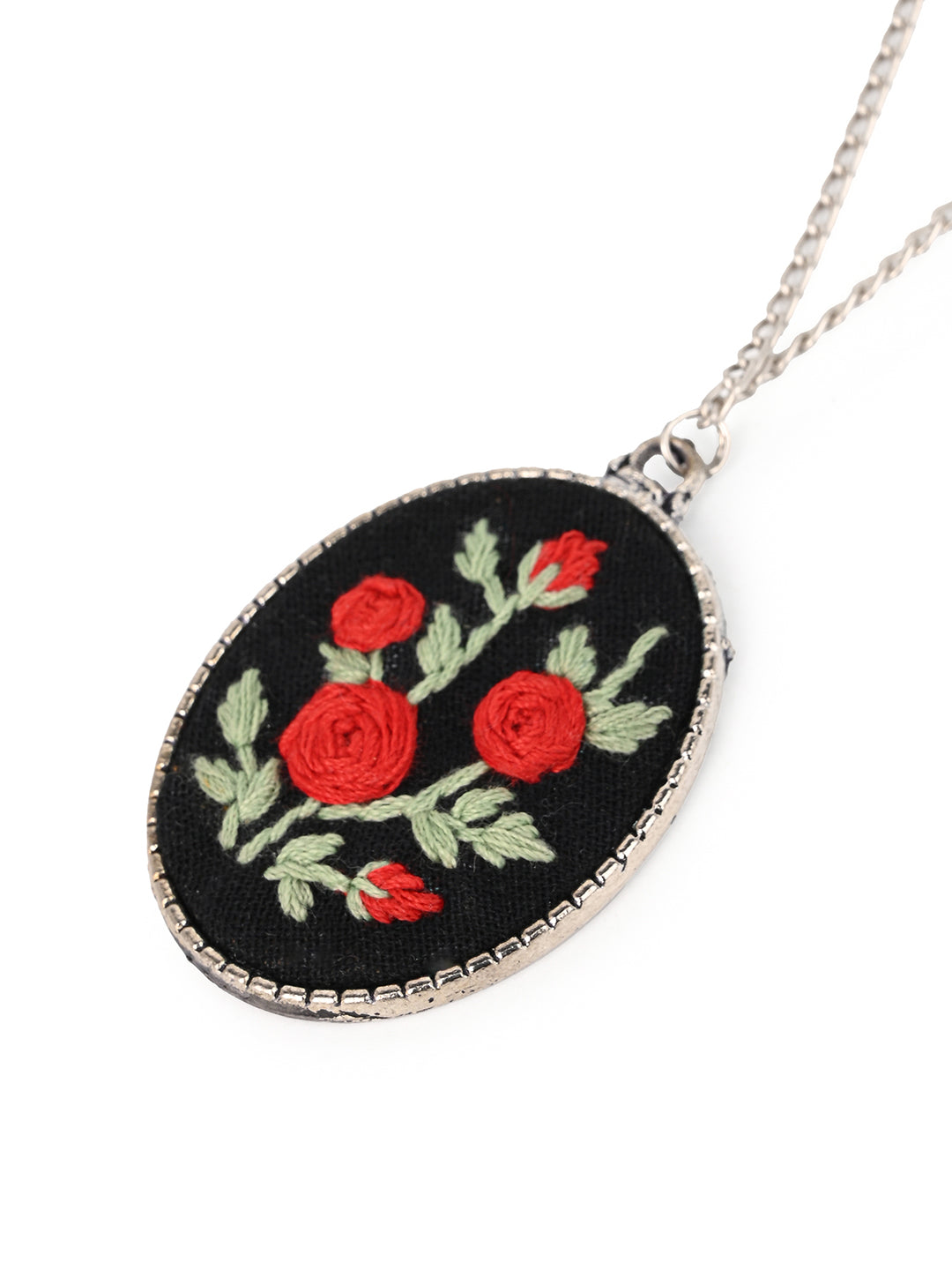 MAURYANA - Red rose and leaves embroidered pendant necklace set with earrings