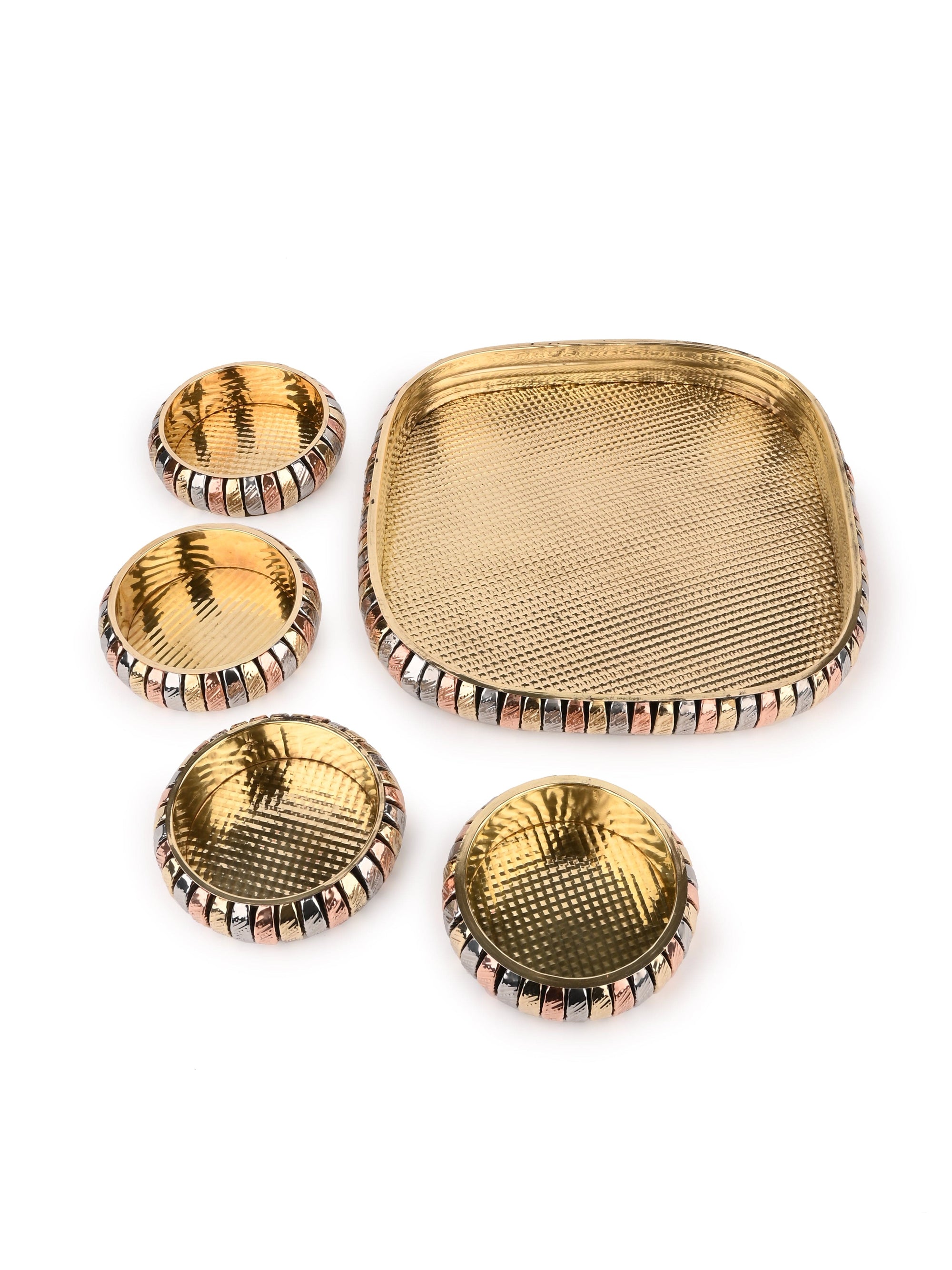 Square Tray with 4 round bowls for serving dry fruits, Copper and Brass crafted