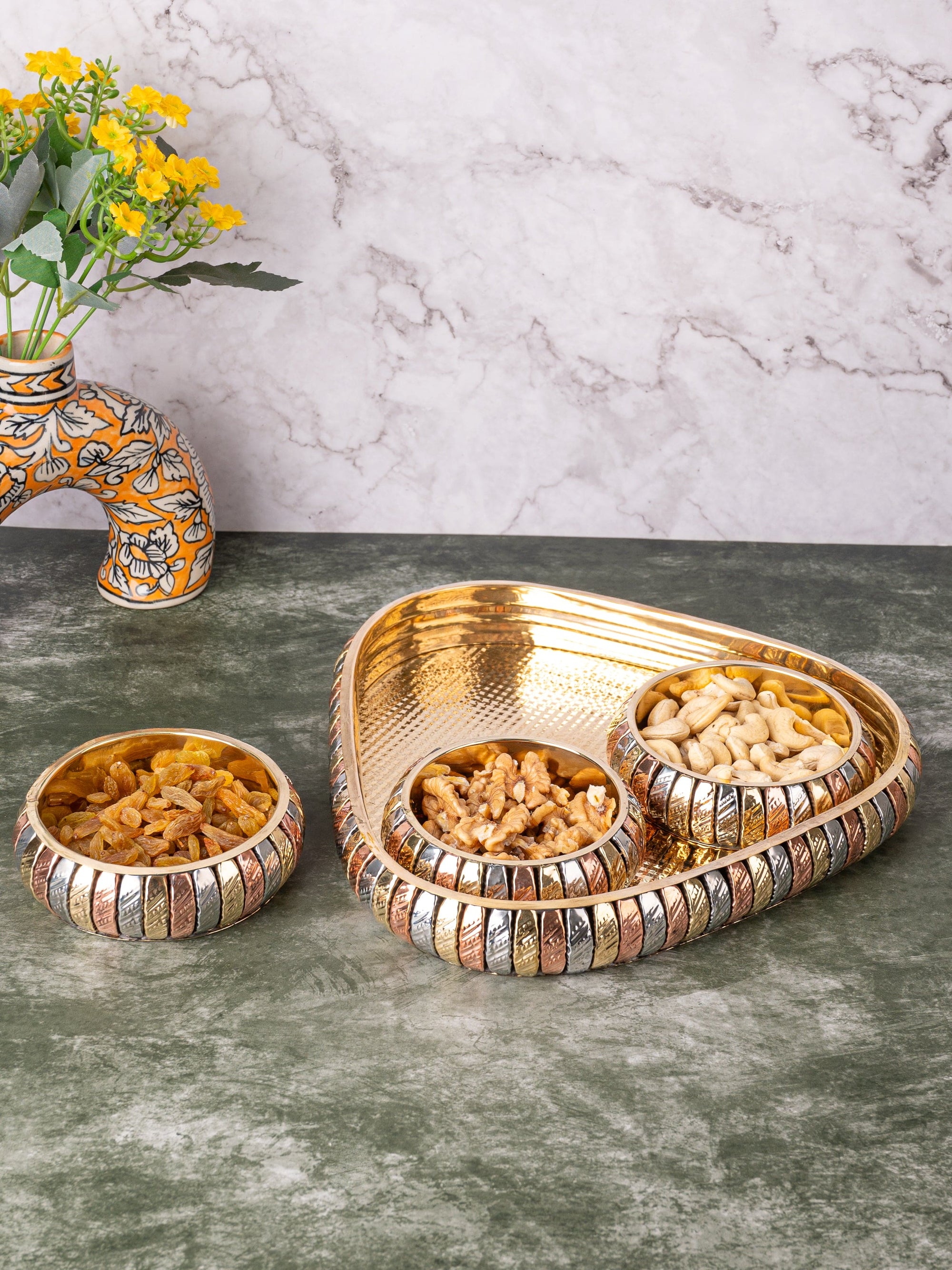 Triangle Tray with 3 round bowls for serving dry fruits, Copper and Brass crafted