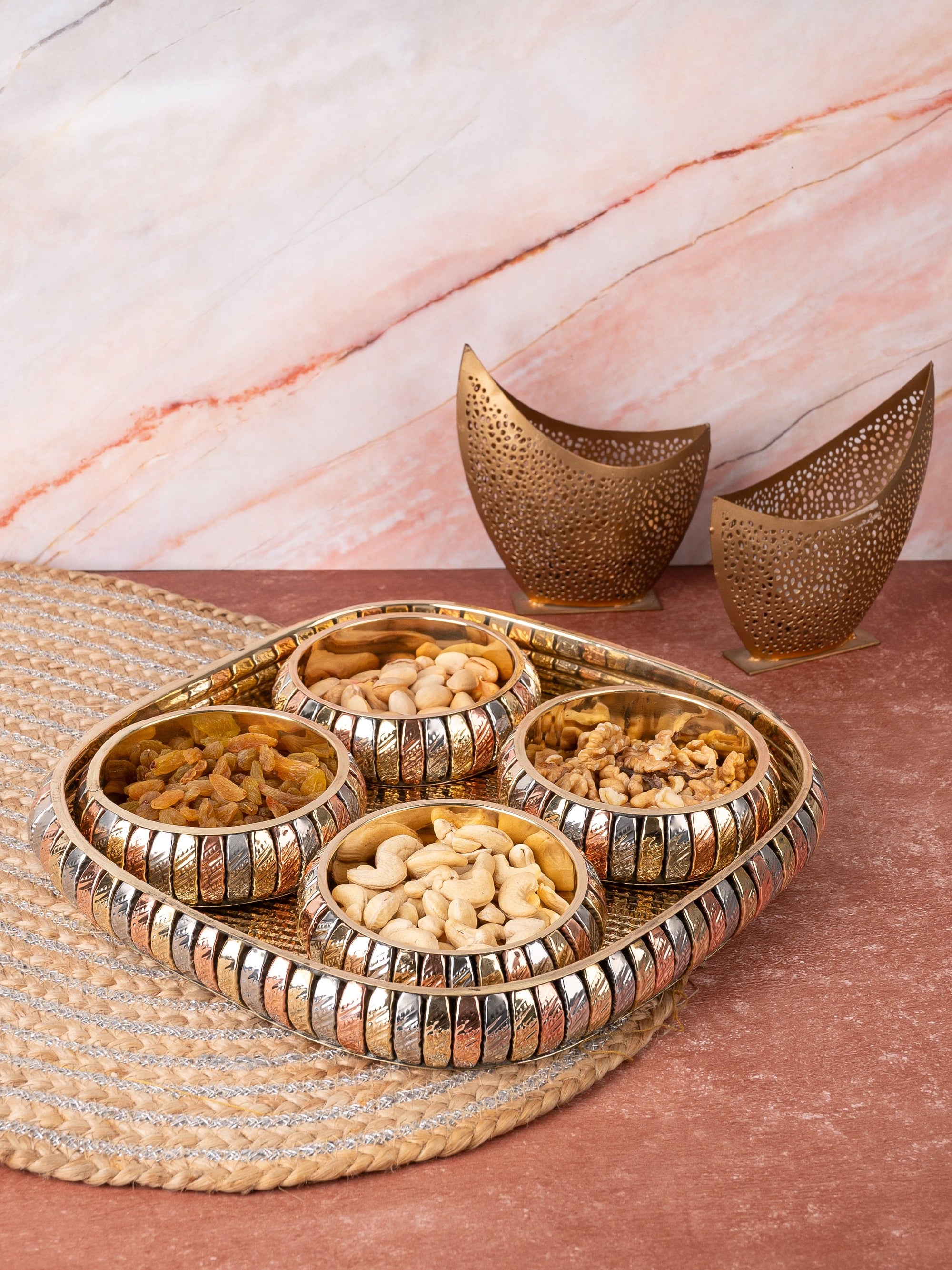 Square Tray with 4 round bowls for serving dry fruits, Copper and Brass crafted