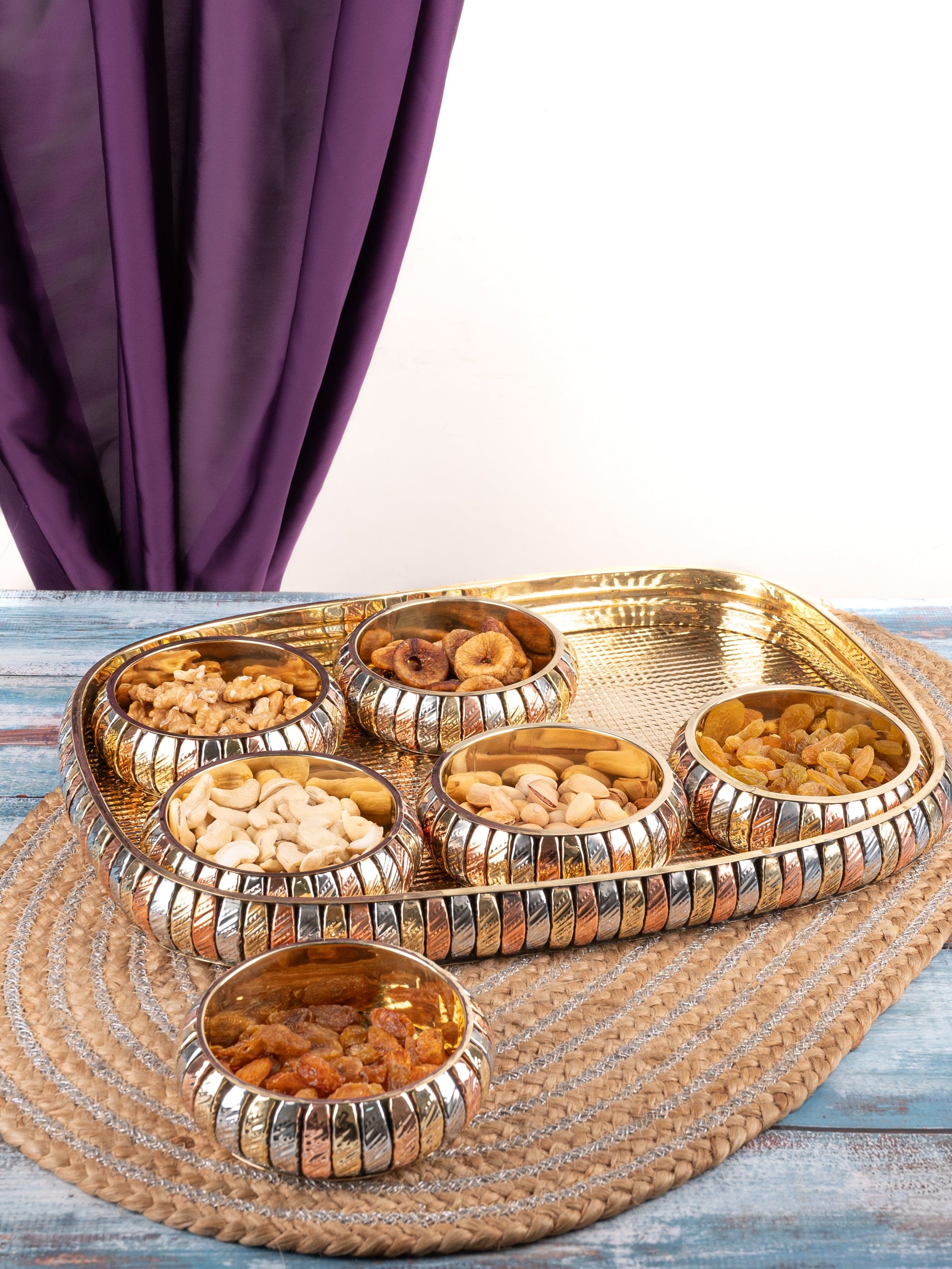 Rectangle Tray with 6 round bowls for serving dry fruits, Copper and Brass crafted