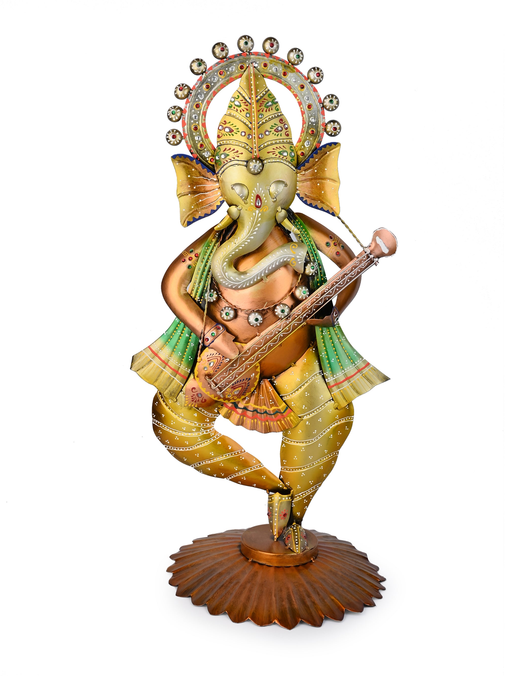 Standing Lord Ganesh with Sitar -  Metal Figurine - 2 feet height