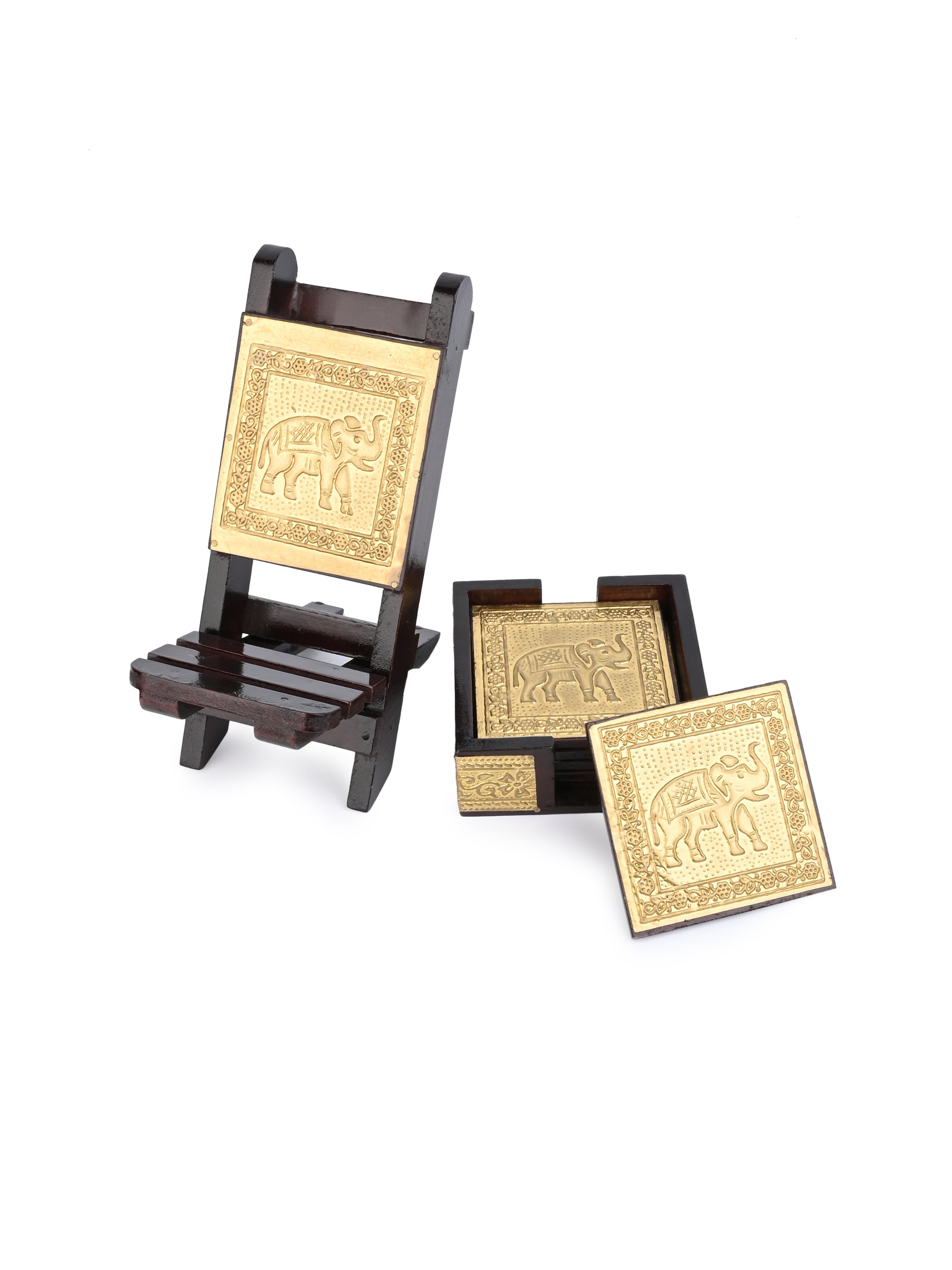 Gift set of Mobile Stand and 6 pieces Coaster set in Gold finish
