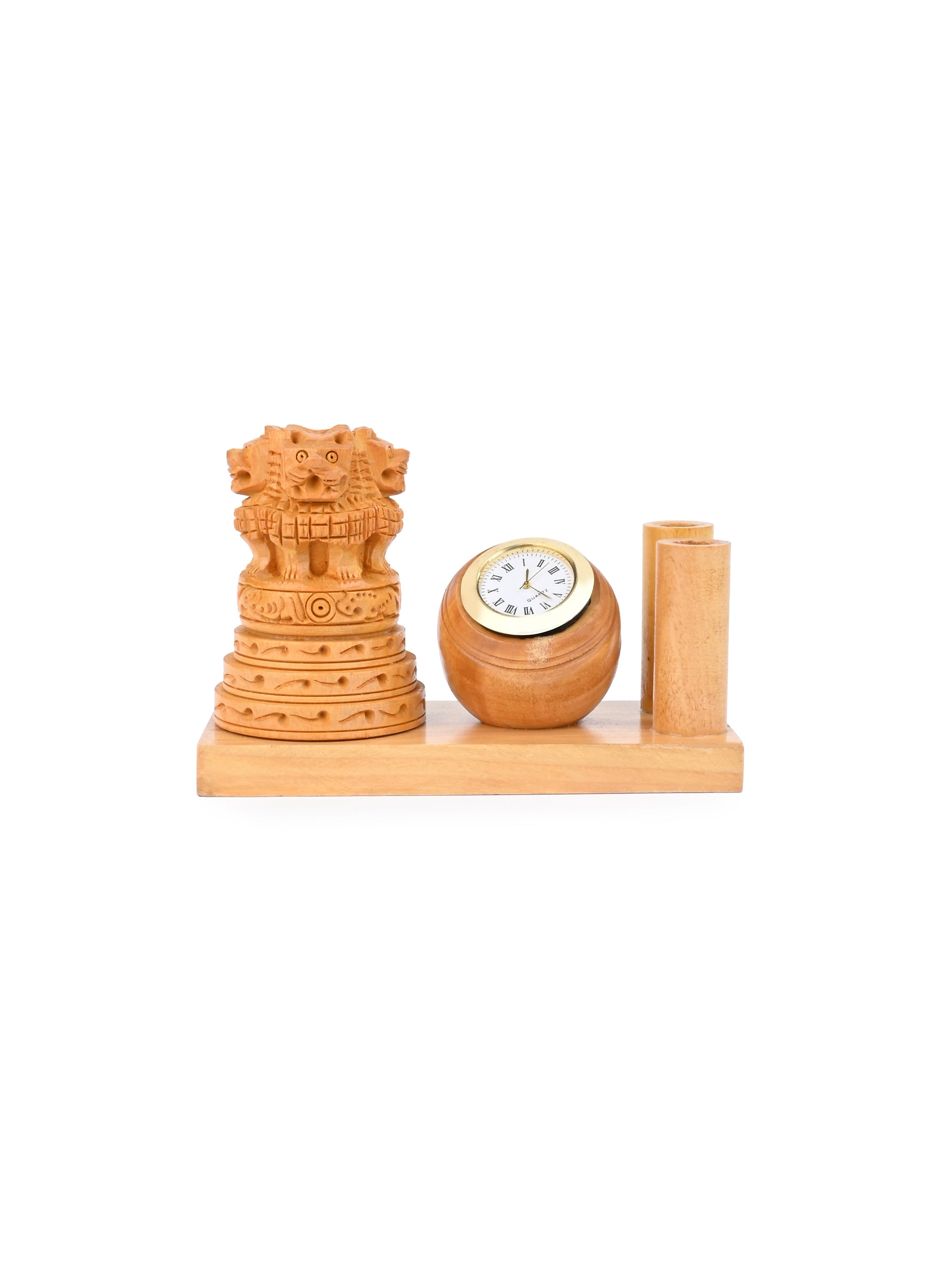 Kadam Wood Carved Ashoka Pen Holder with Round Clock