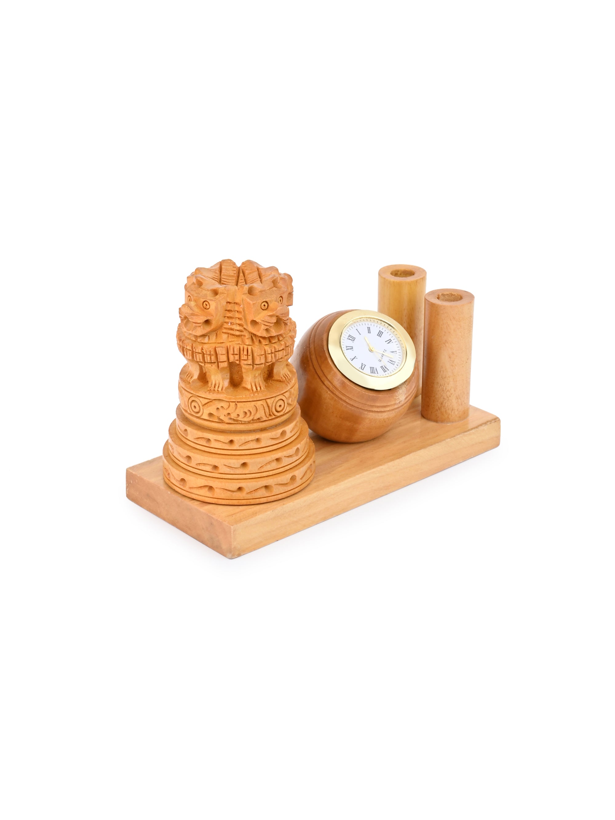 Kadam Wood Carved Ashoka Pen Holder with Round Clock