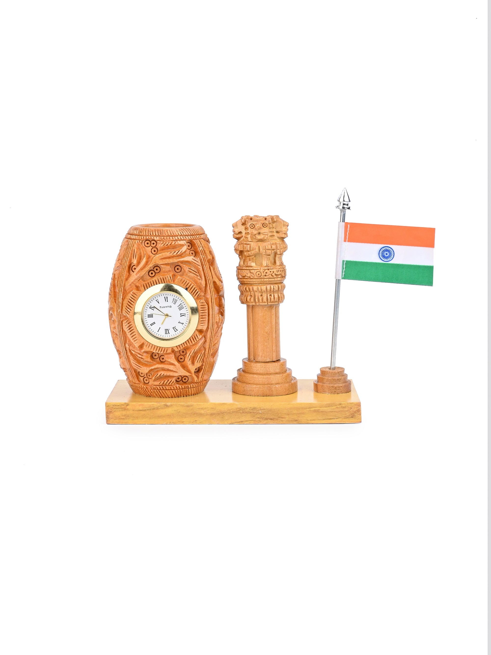 Ashoka Pillar Pen Holder with Indian National Flag crafted from Kadam wood