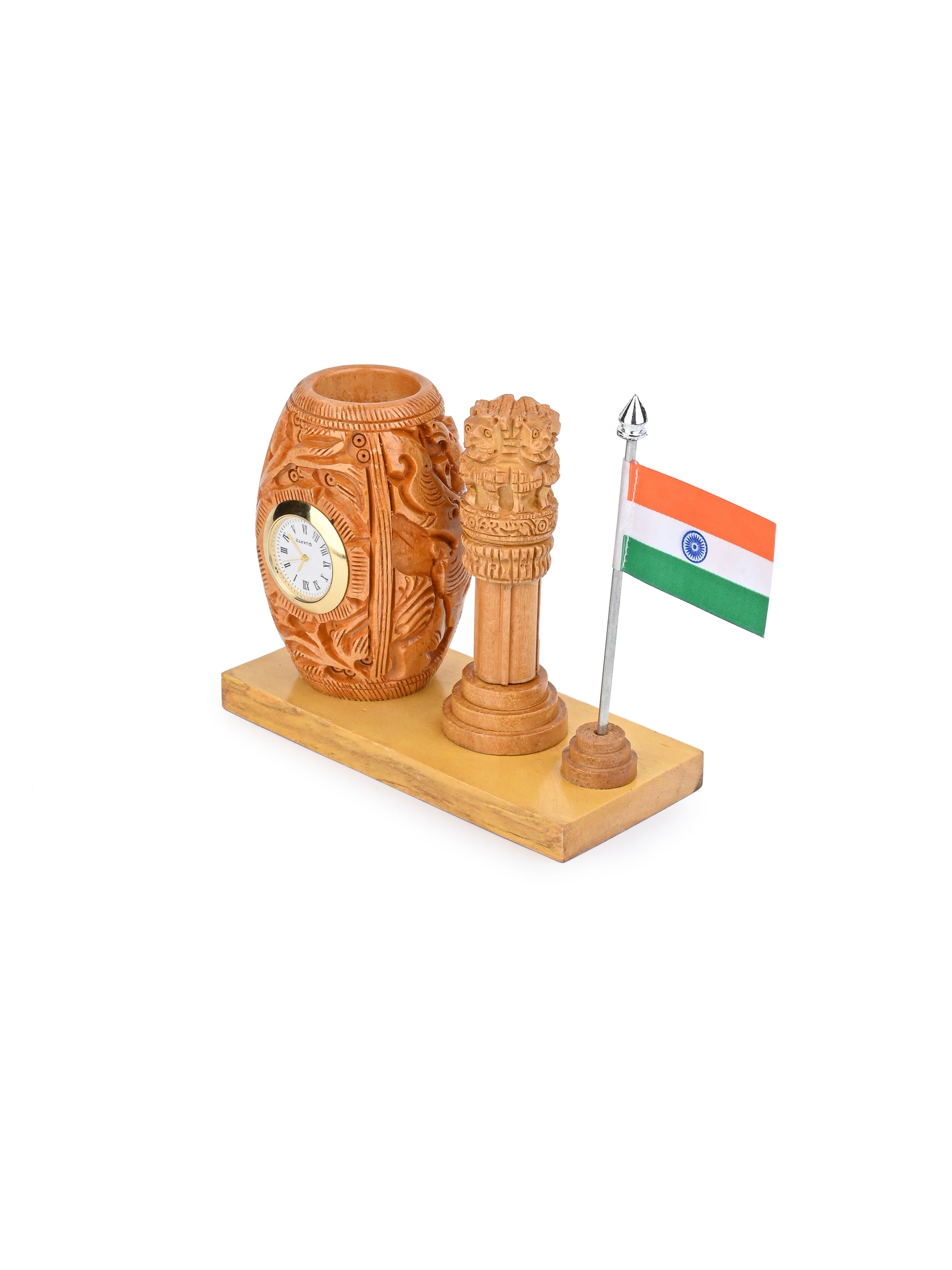 Ashoka Pillar Pen Holder with Indian National Flag crafted from Kadam wood