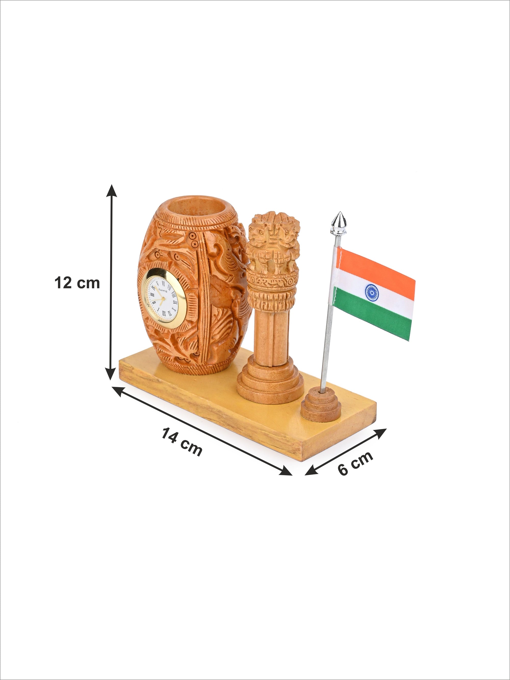 Ashoka Pillar Pen Holder with Indian National Flag crafted from Kadam wood