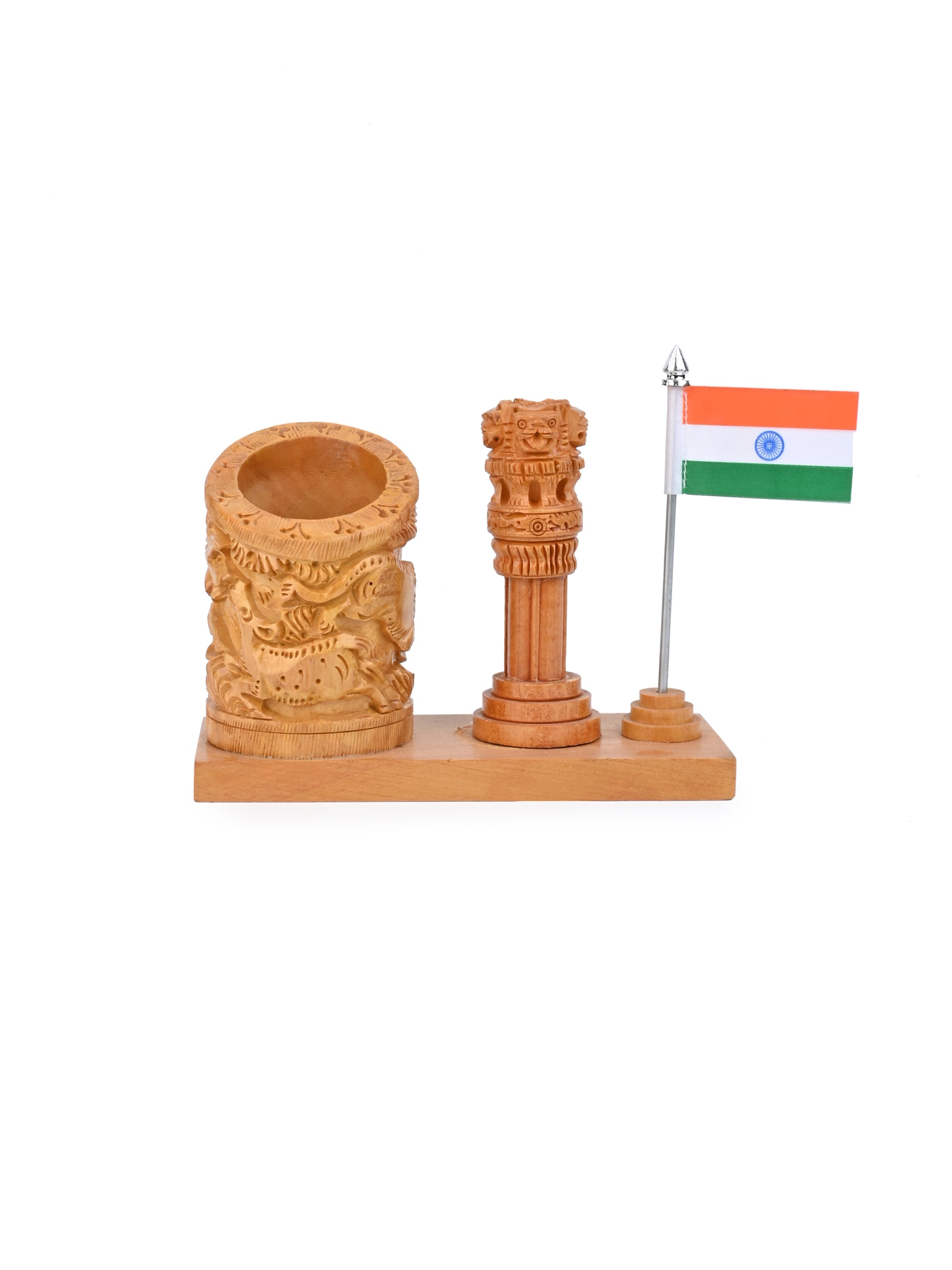 Wild animals Carved Pen holder with Ashoka pillar and National flag made of Kadam wood