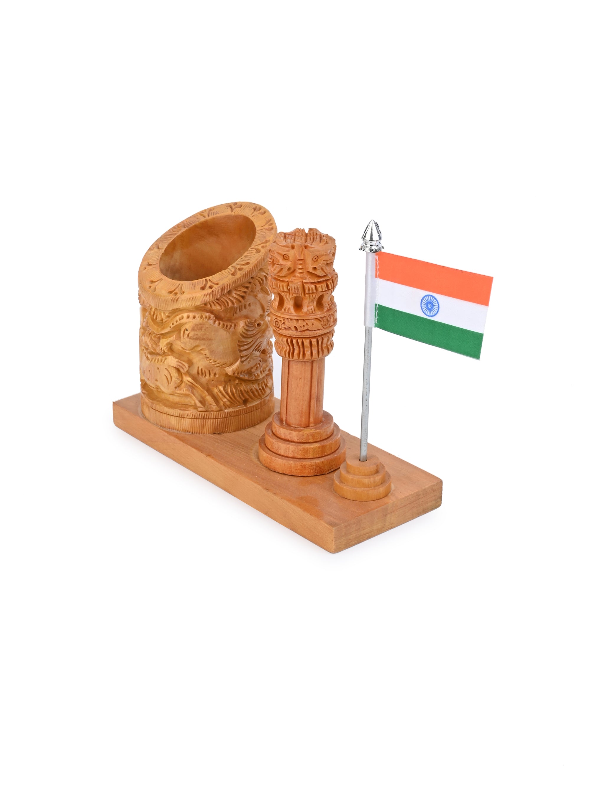 Wild animals Carved Pen holder with Ashoka pillar and National flag made of Kadam wood