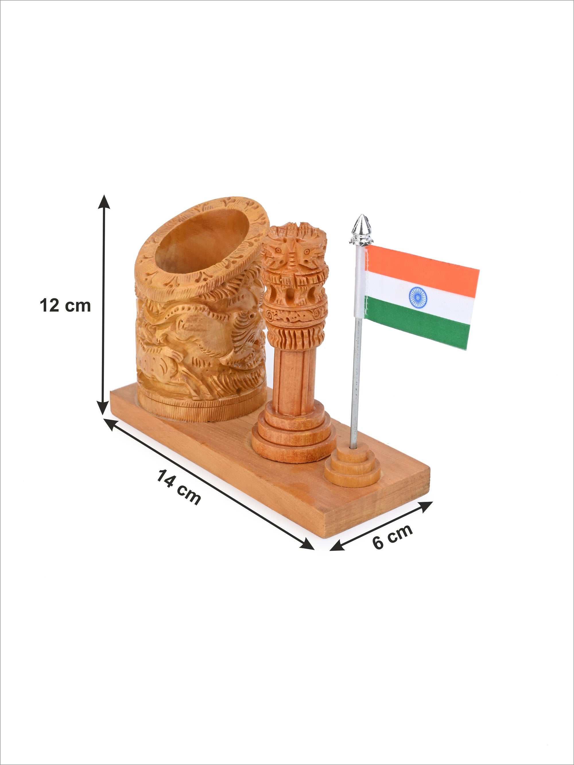 Wild animals Carved Pen holder with Ashoka pillar and National flag made of Kadam wood