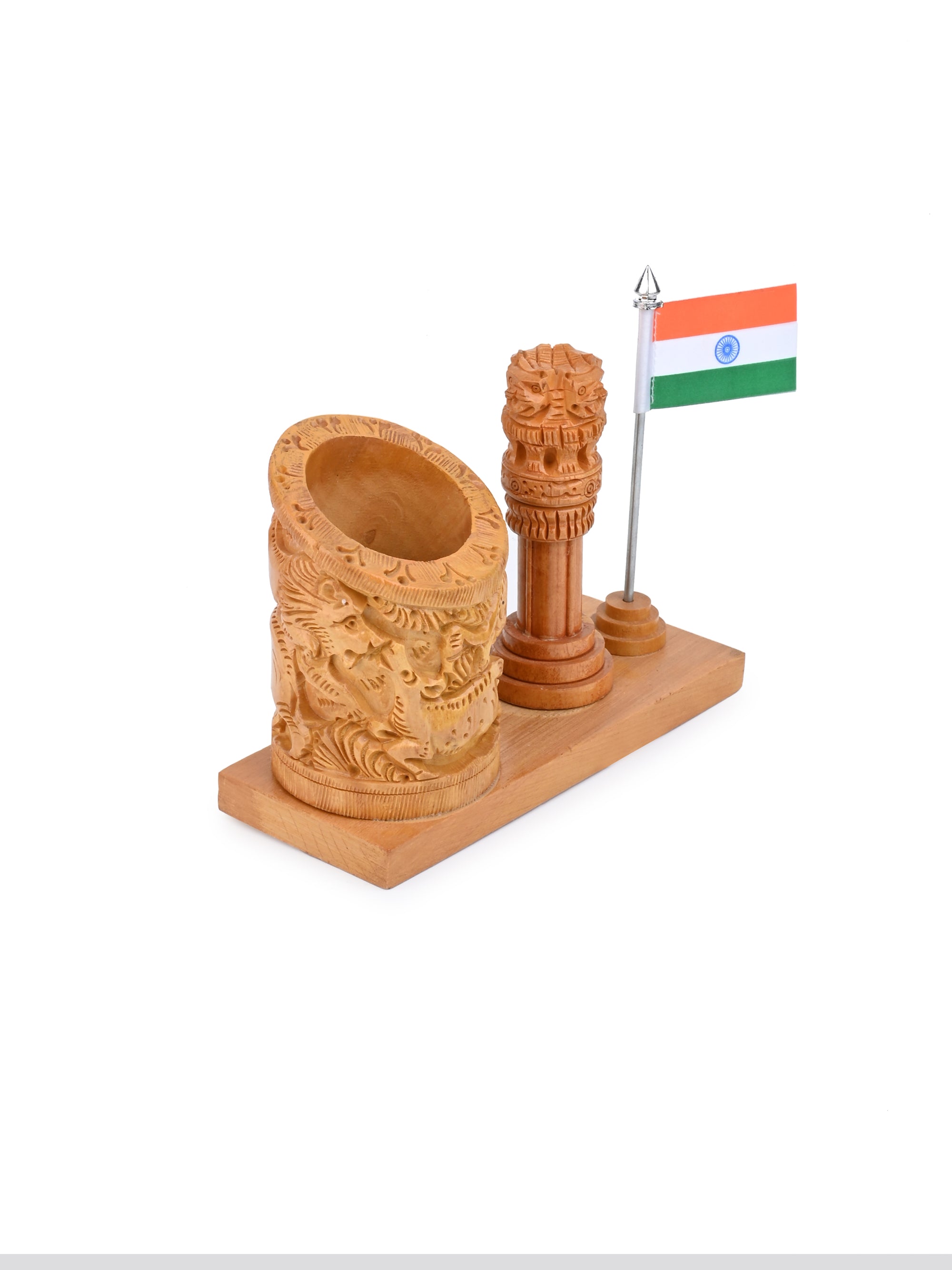 Wild animals Carved Pen holder with Ashoka pillar and National flag made of Kadam wood