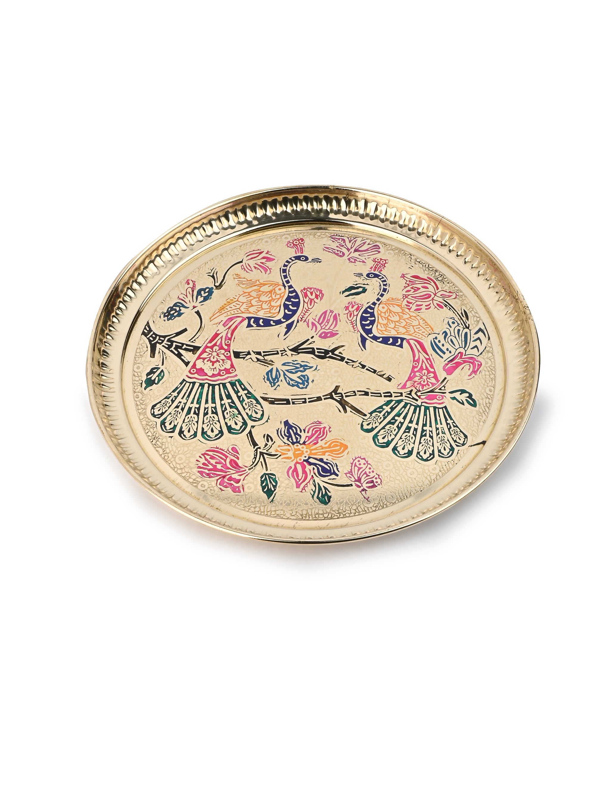 Handcrafted Brass Plate with Colorful Peacock Design - 10 inches