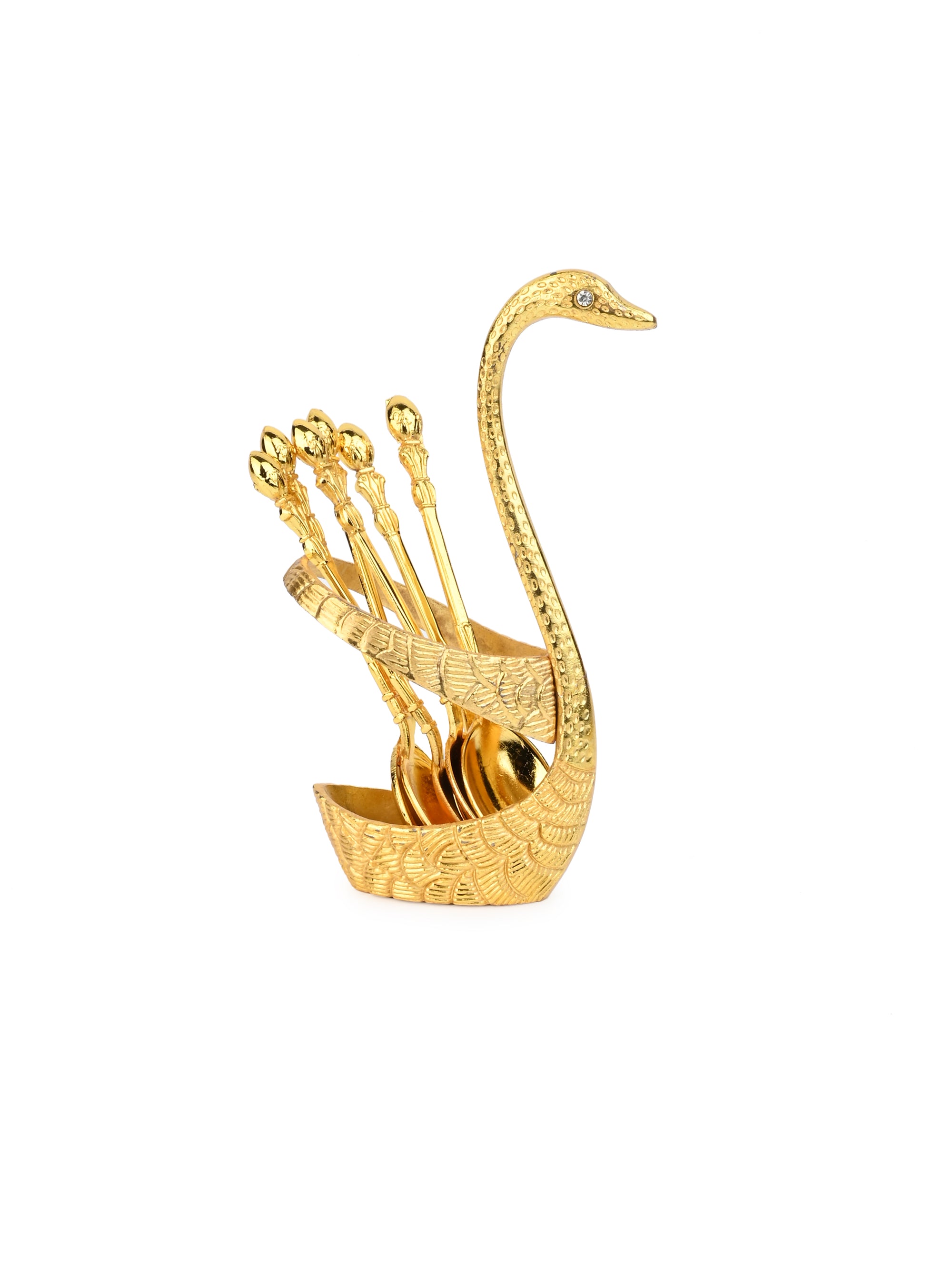 Gold color Set of 6 Tea Spoons in a elegant Swan design holder