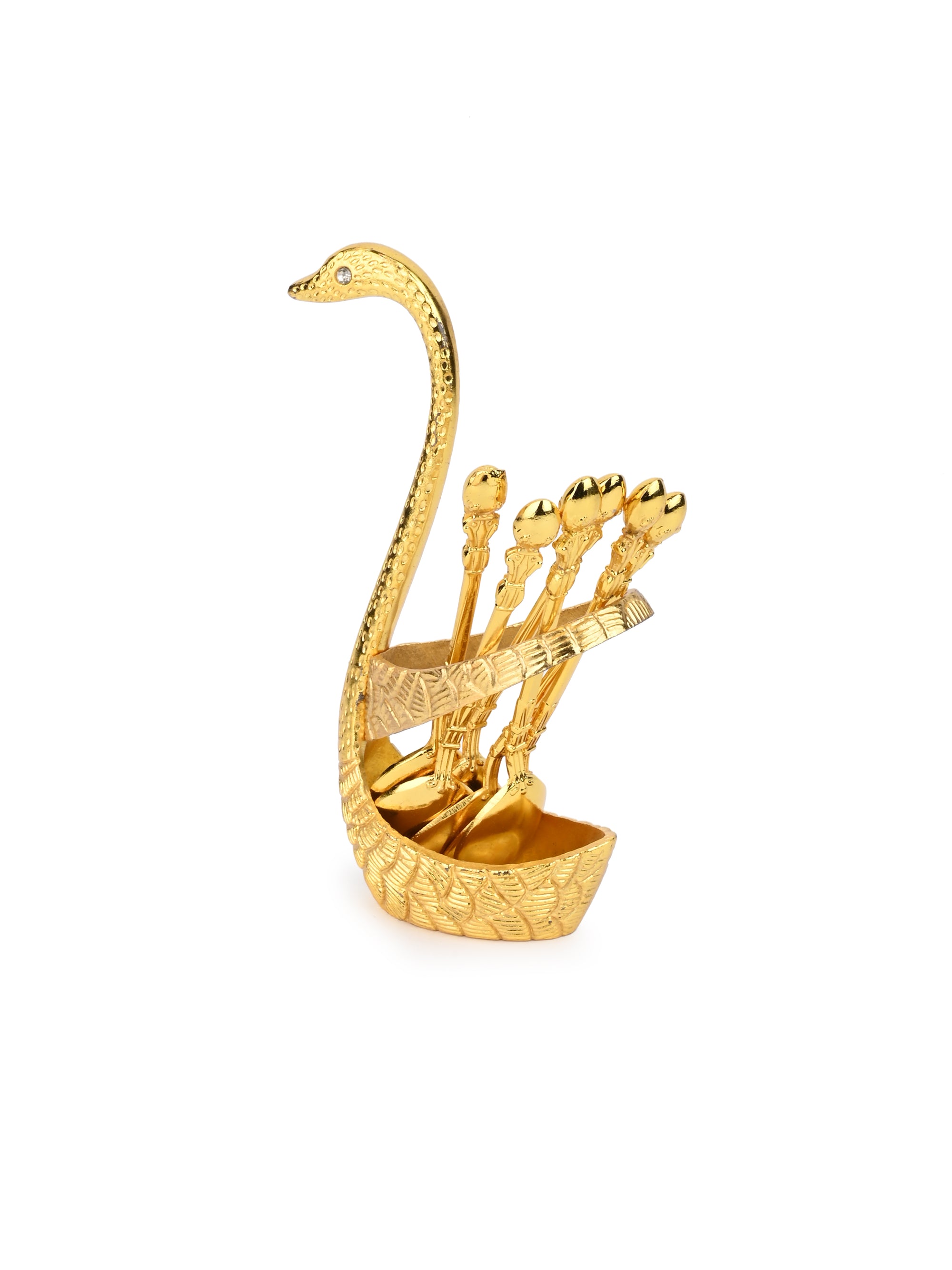 Gold color Set of 6 Tea Spoons in a elegant Swan design holder