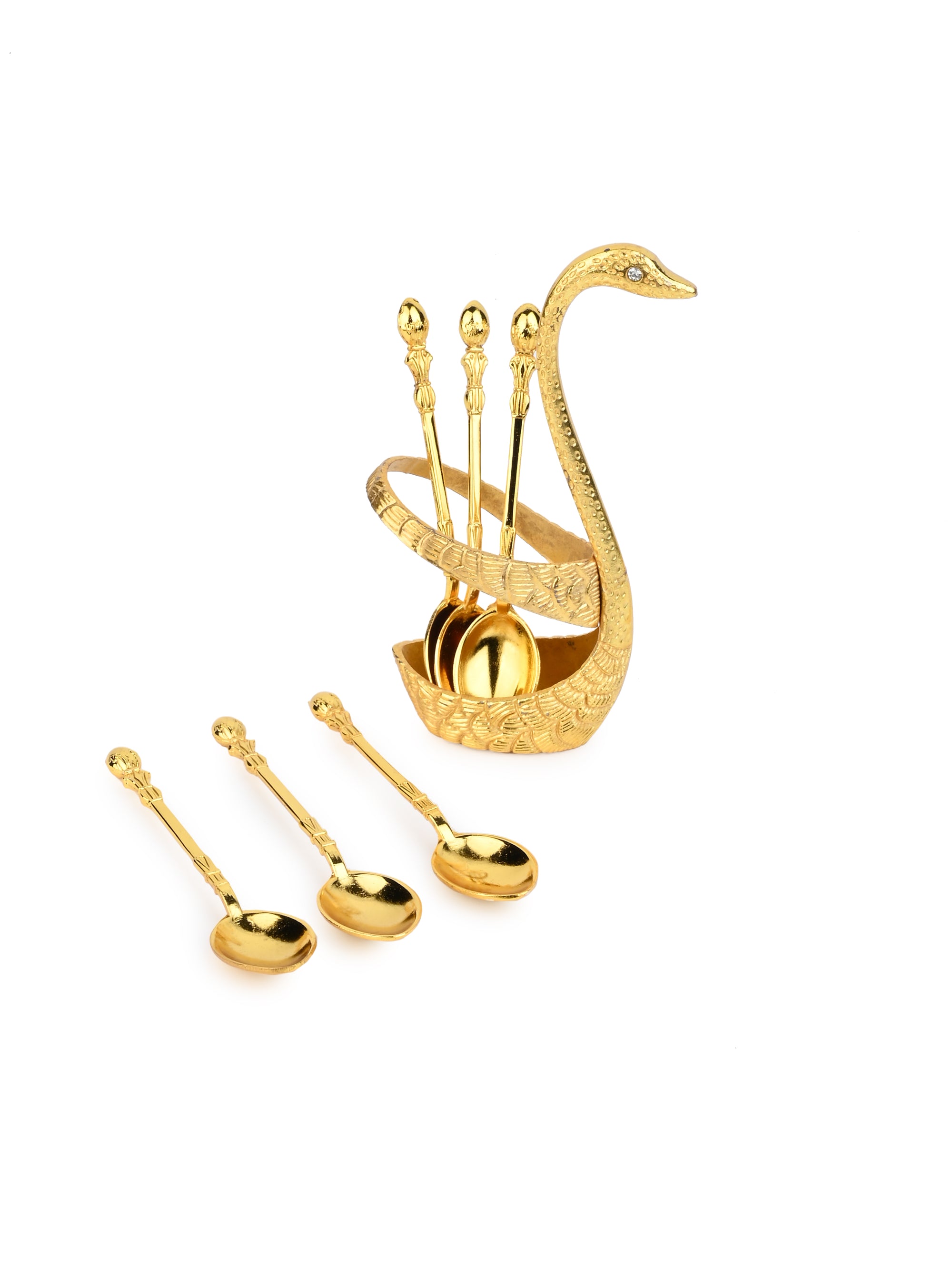 Gold color Set of 6 Tea Spoons in a elegant Swan design holder