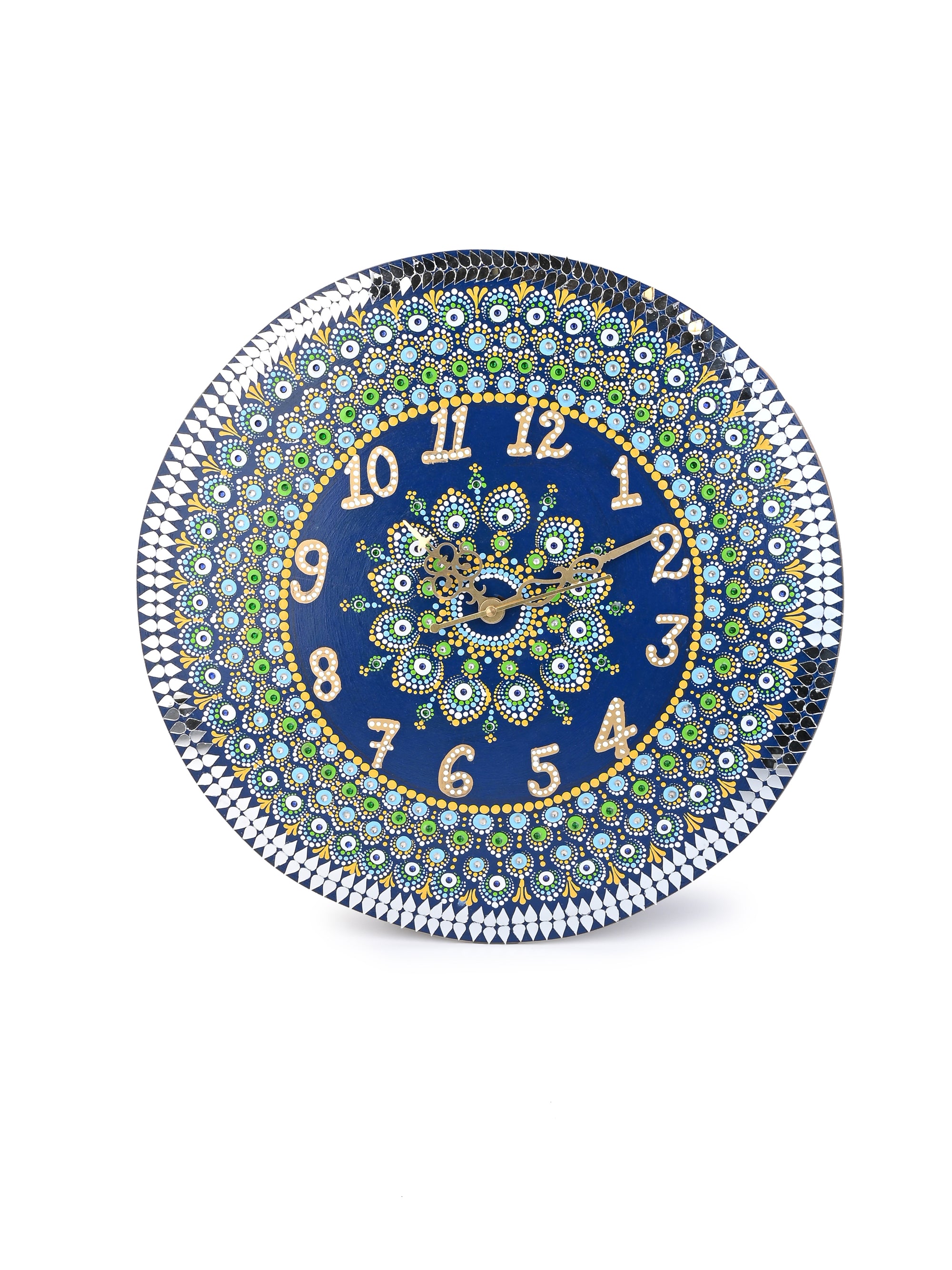 Exclusively Hand Painted Blue Peacock Design Mandala art Wall clock - 15 inches