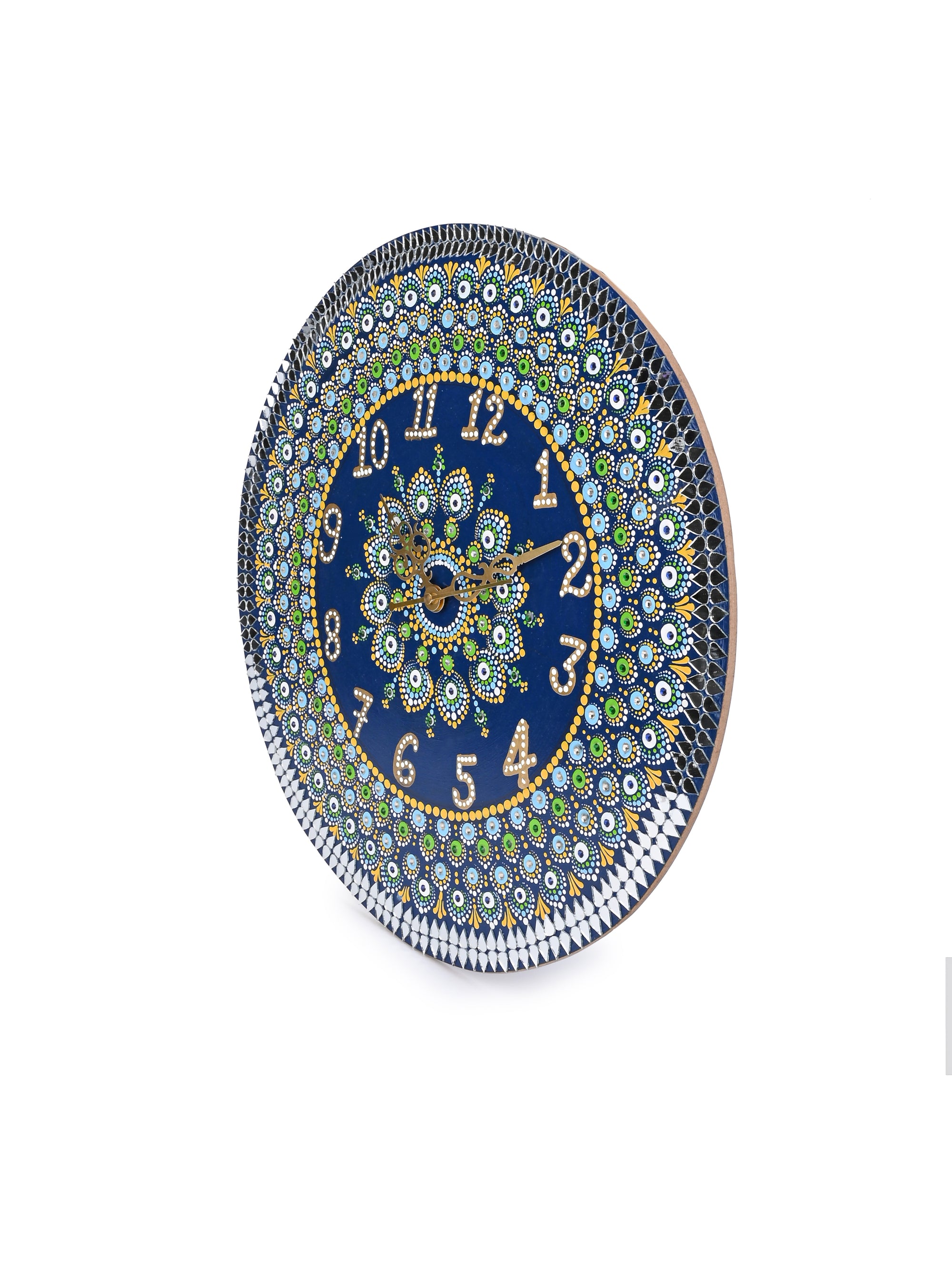 Exclusively Hand Painted Blue Peacock Design Mandala art Wall clock - 15 inches