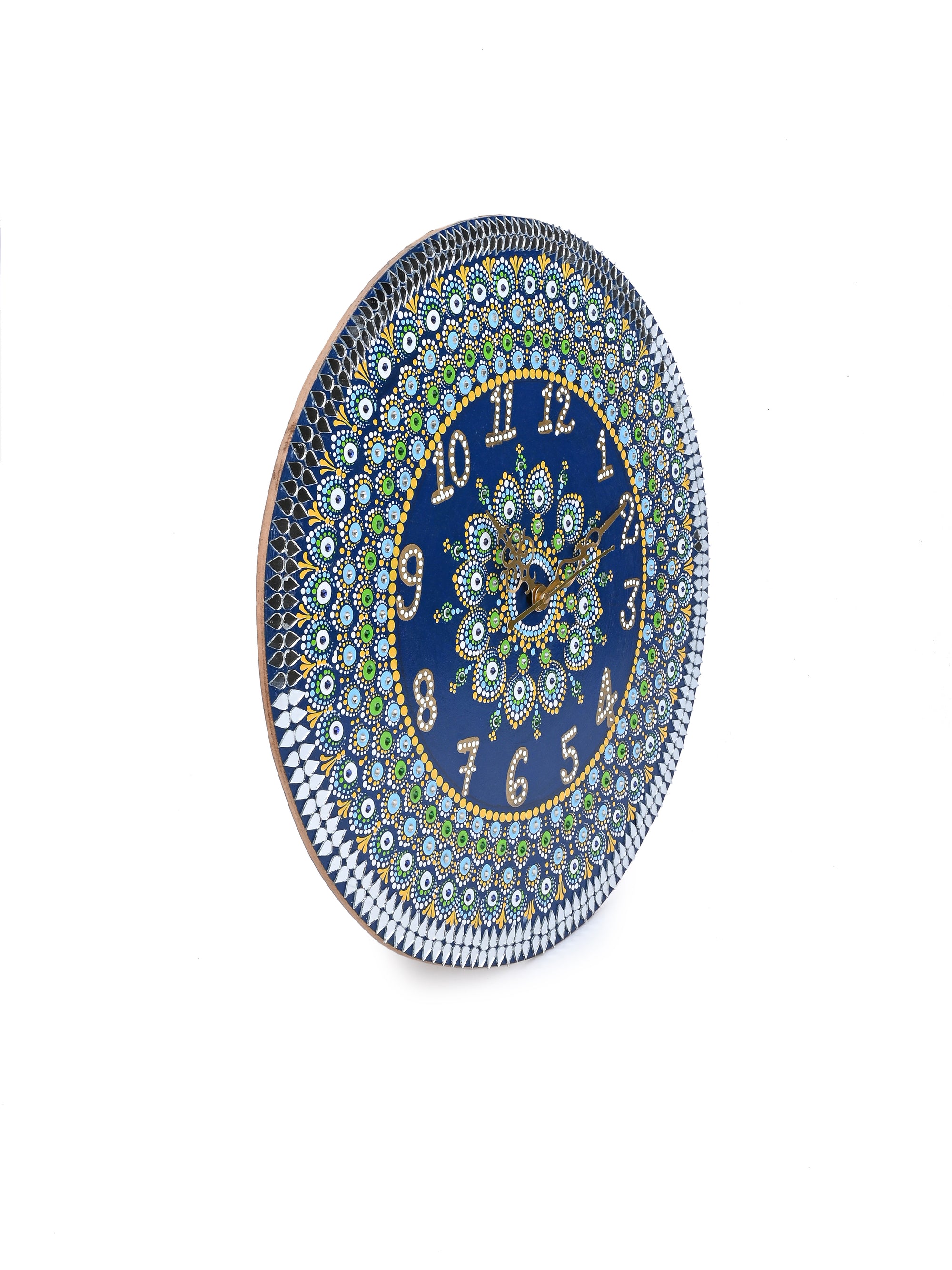 Exclusively Hand Painted Blue Peacock Design Mandala art Wall clock - 15 inches