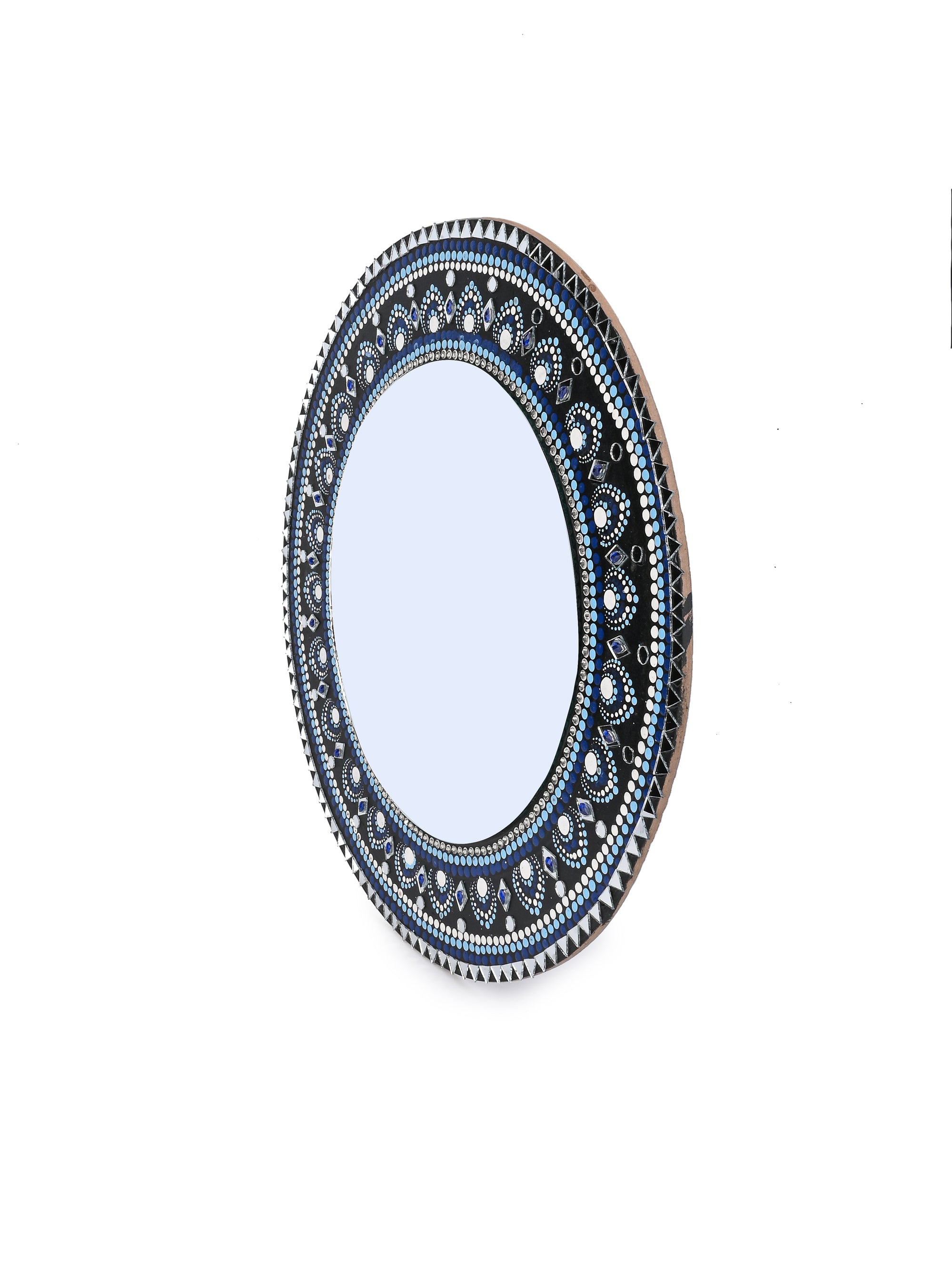 Exclusively Hand Painted Blue and Black Mandala art Wall mirror - 15 inches