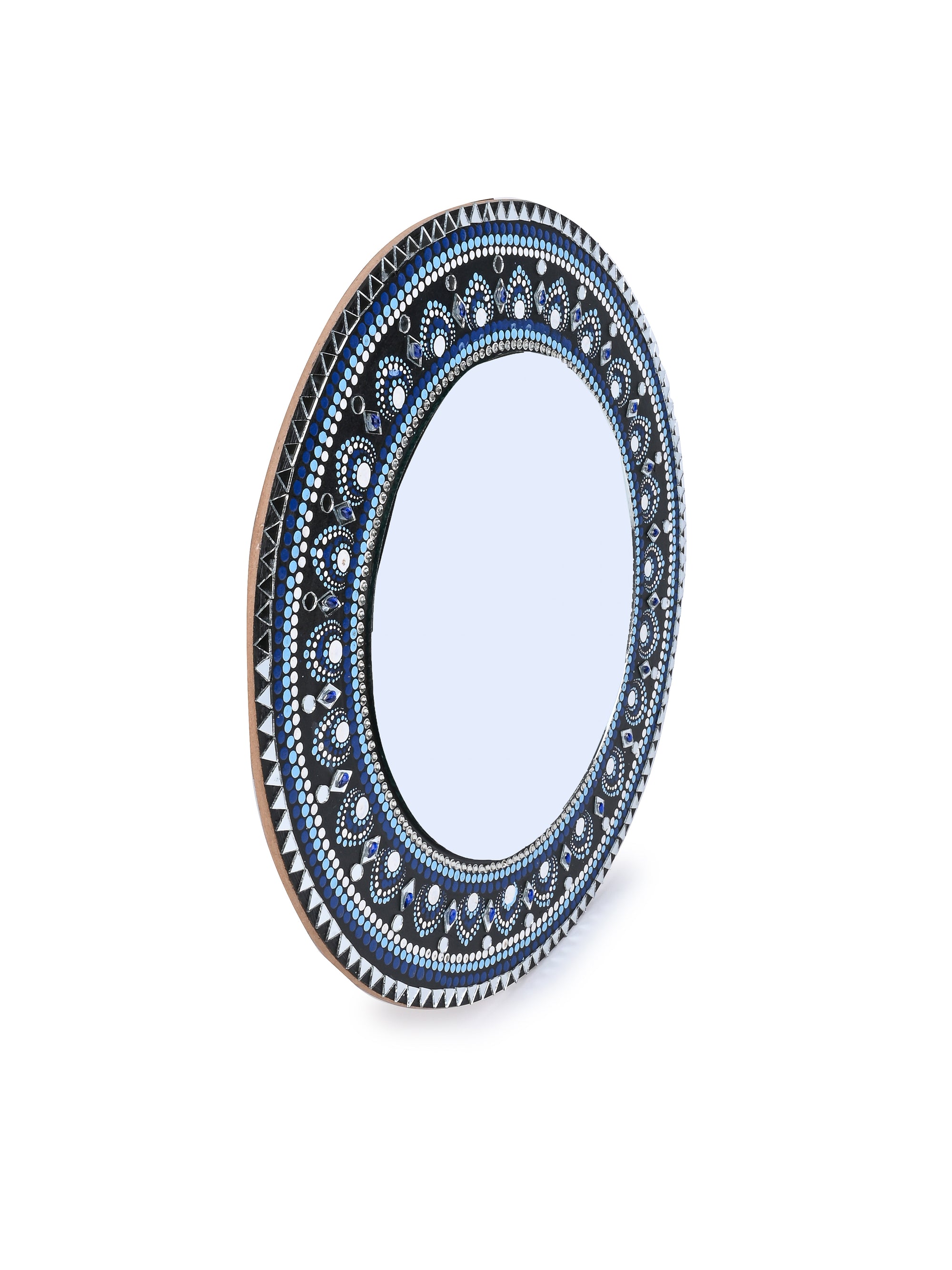 Exclusively Hand Painted Blue and Black Mandala art Wall mirror - 15 inches