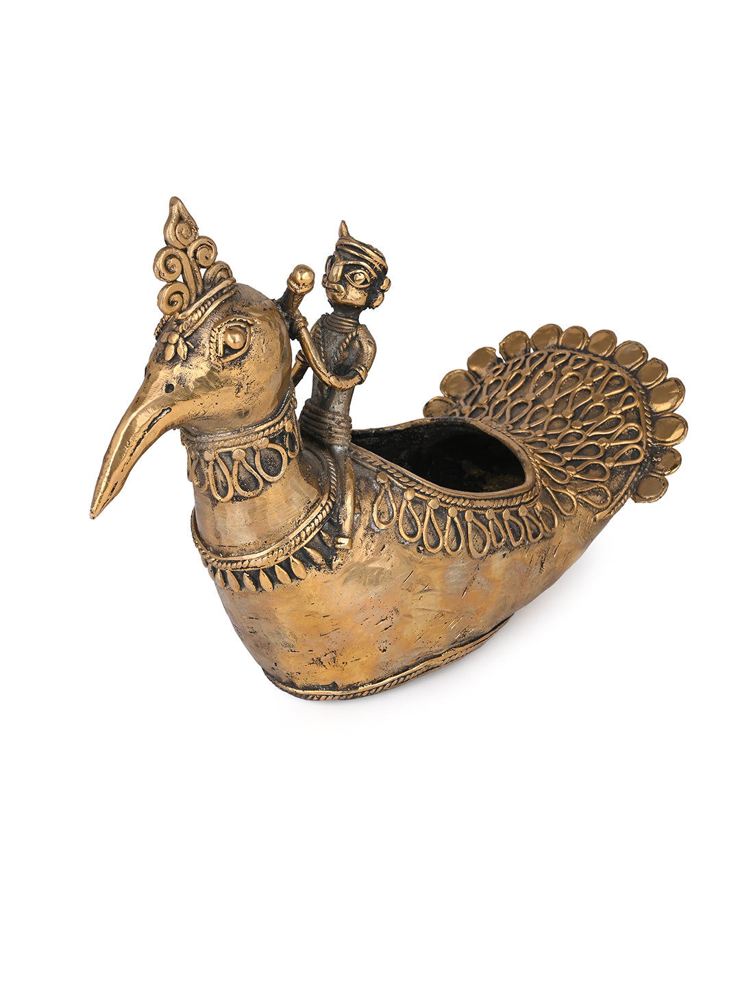 Dokra art peacock boat home office table decor - 8 inches