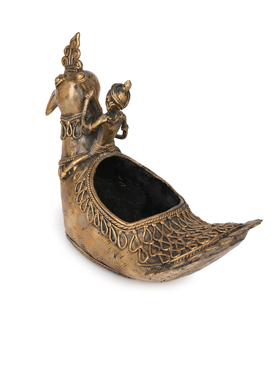 Dokra art peacock boat home office table decor - 8 inches
