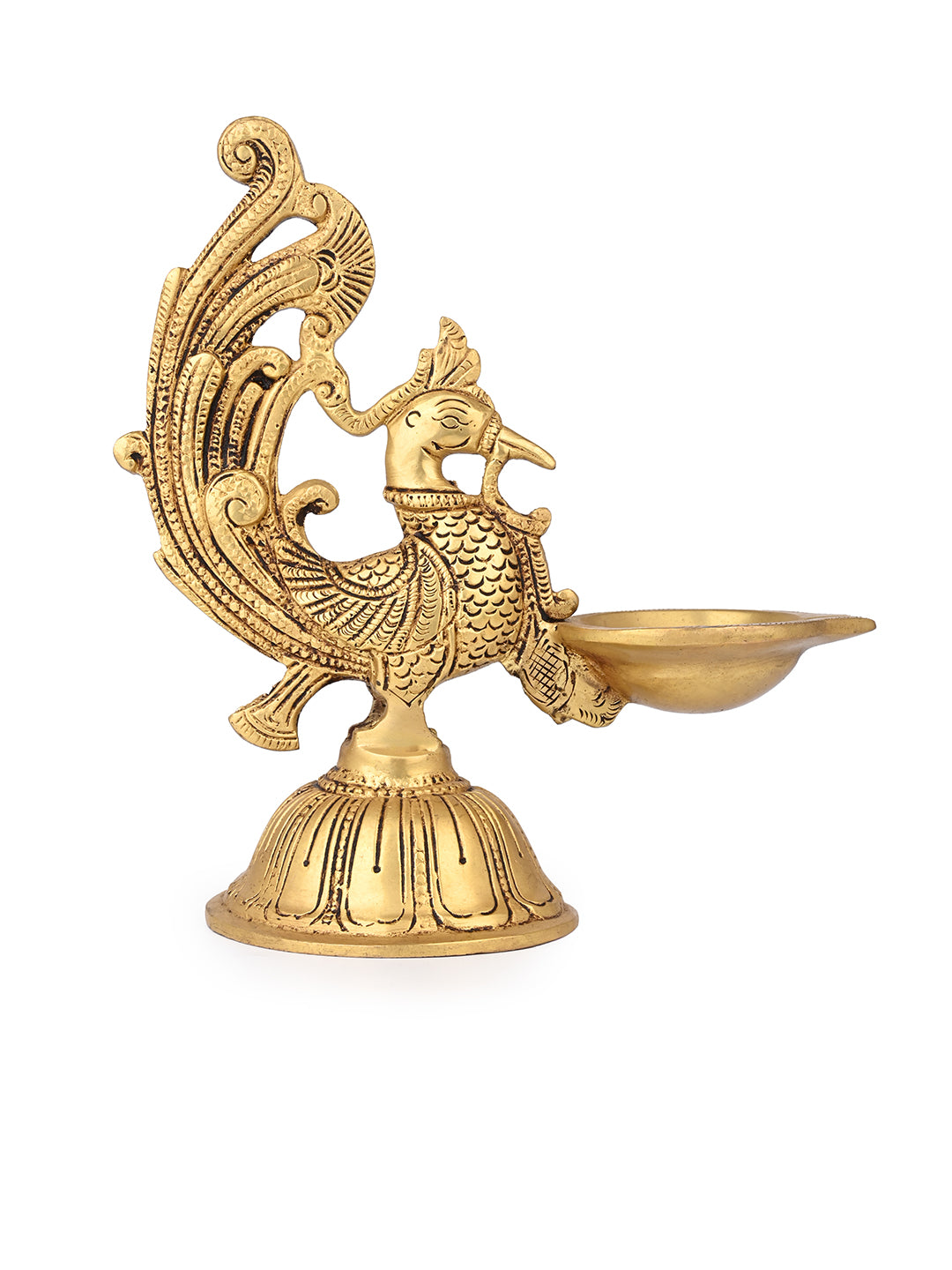 Brass crafted peacock diya for the puja place at your home - 8 inches