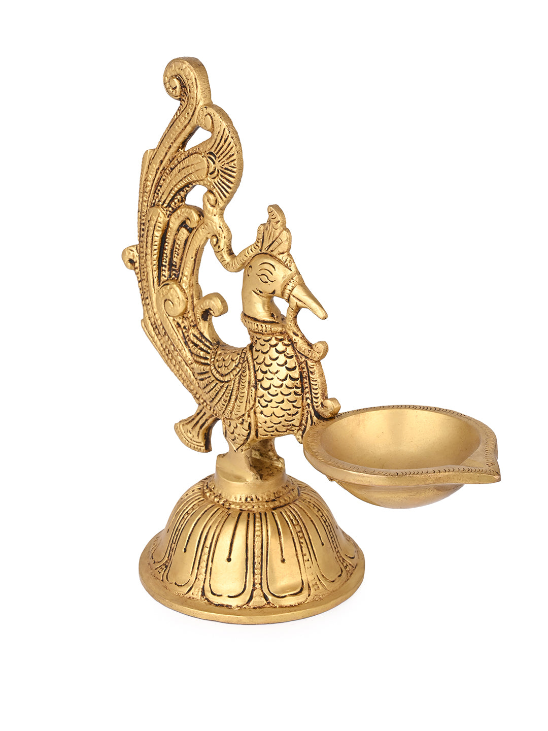Brass crafted peacock diya for the puja place at your home - 8 inches
