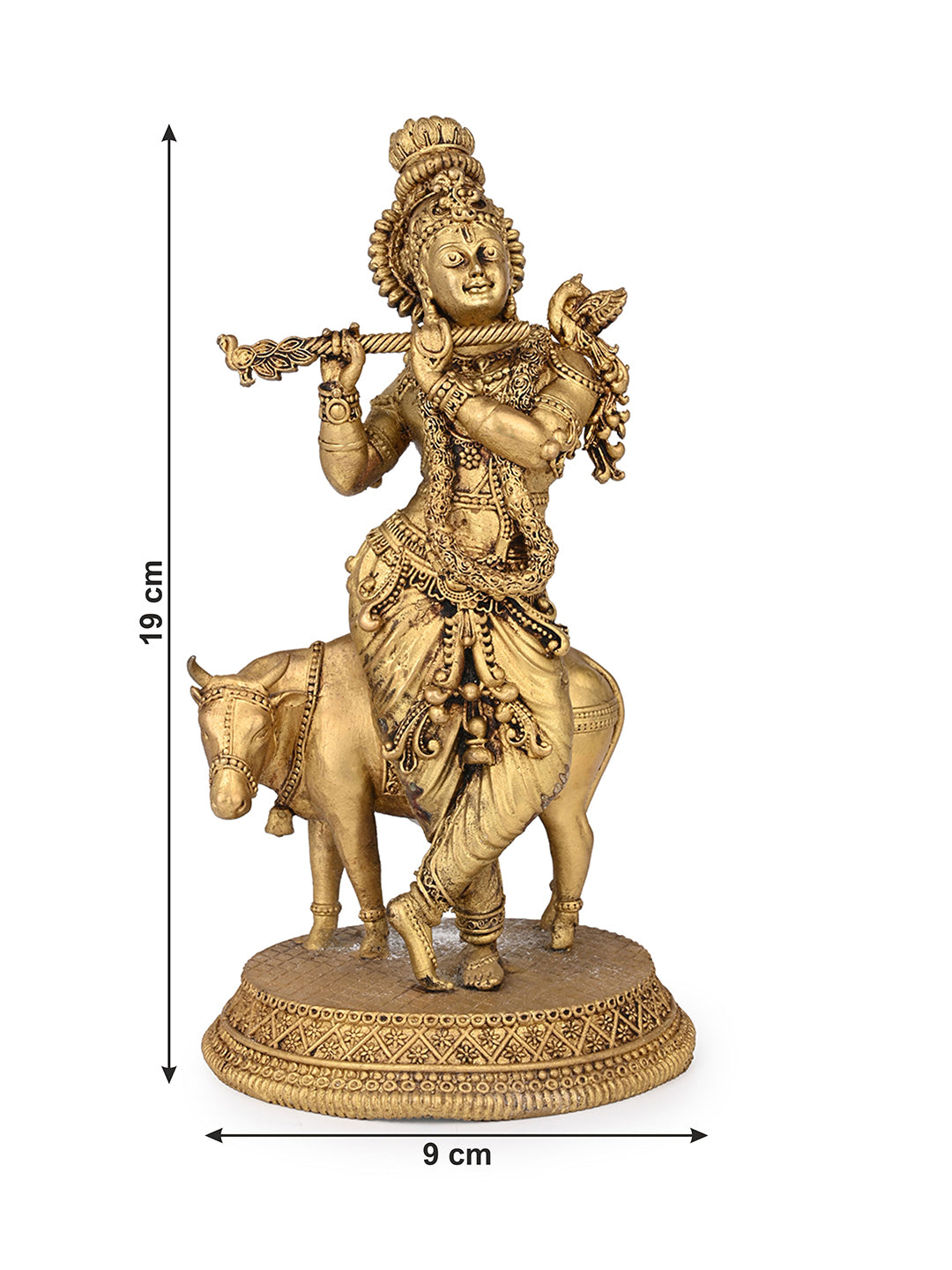 Brass crafted divine lord Krishna with cow and flute - 8 inches