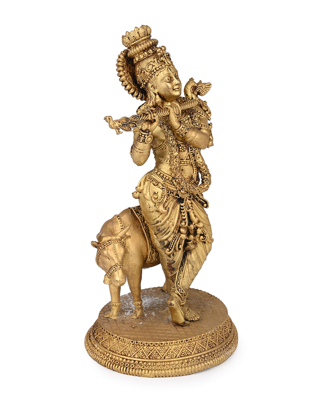 Brass crafted divine lord Krishna with cow and flute - 8 inches